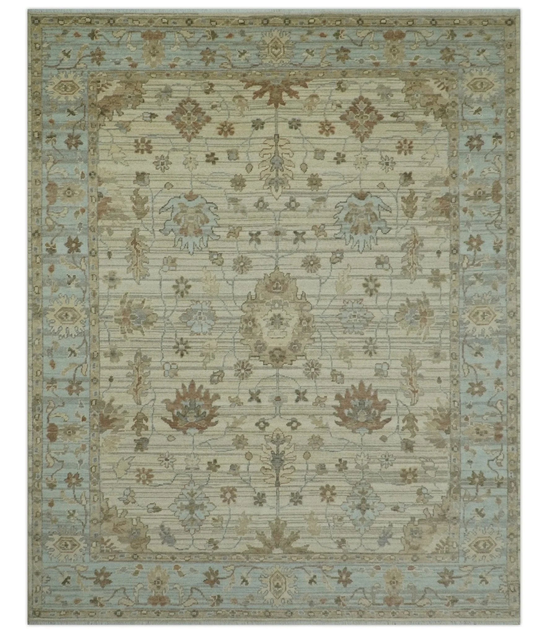 Traditional Oushak Beige, Brown And Blue Hand Knotted Custom Made Wool rug - The Rug Decor
