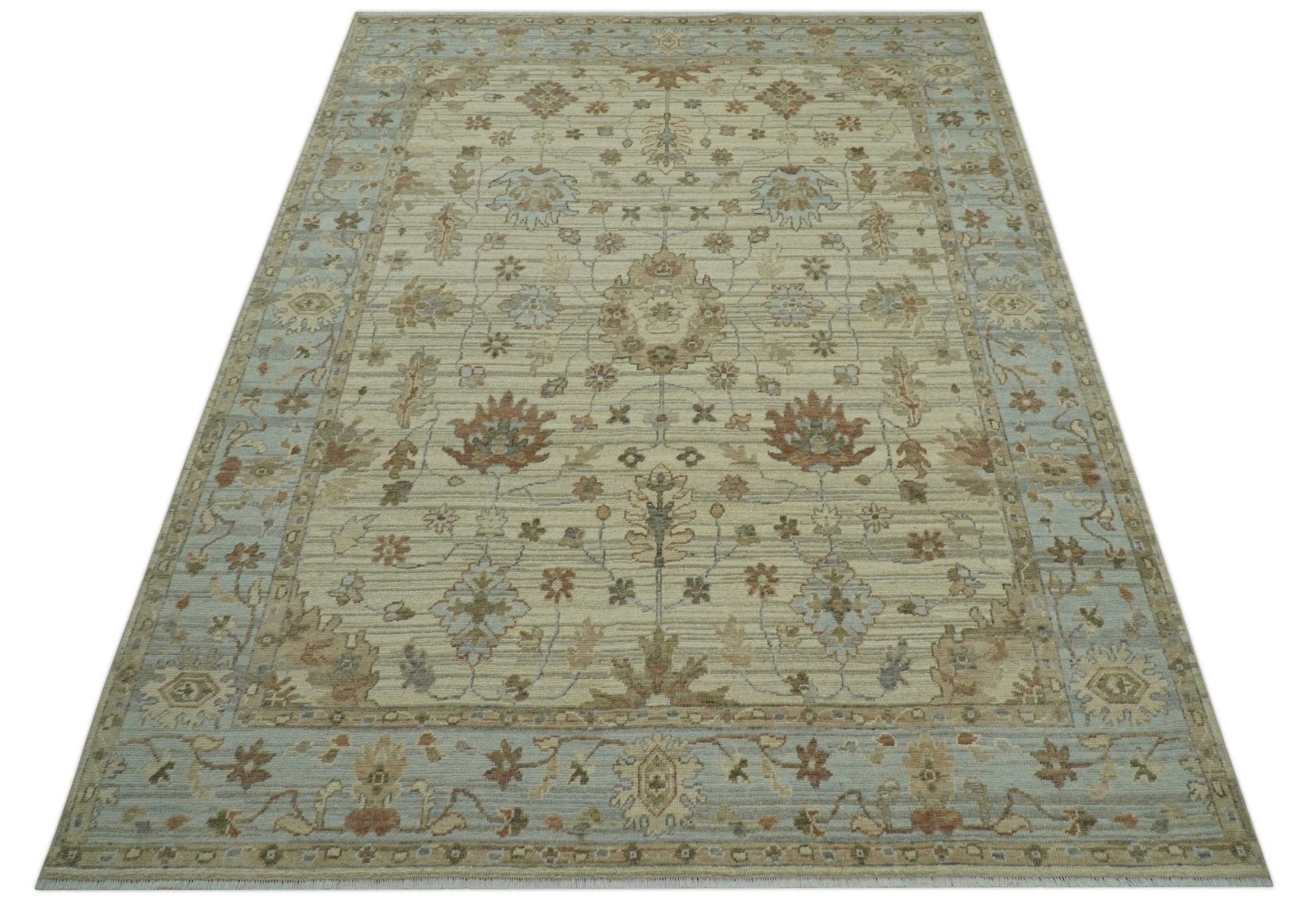 Traditional Oushak Beige, Brown And Blue Hand Knotted Custom Made Wool rug