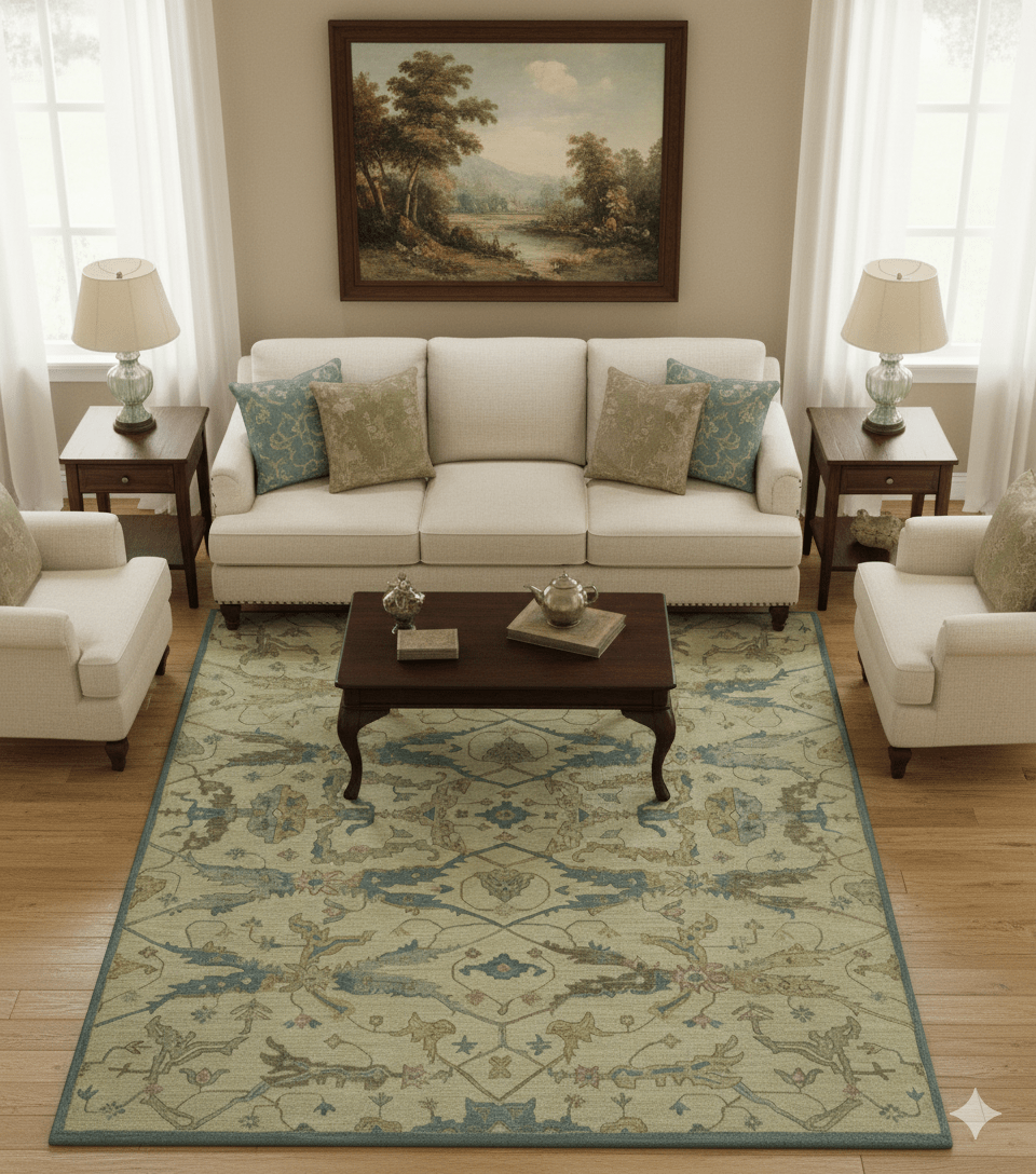 Traditional Oushak Design Beige And Blue Hand Tufted 8x10 Wool Area Rug