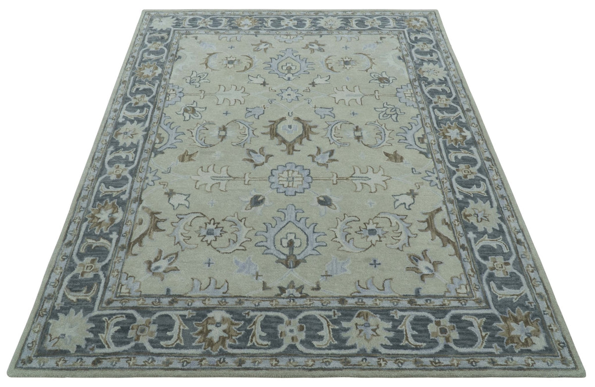 Traditional Oushak Design Beige, Blue And Silver 8x10 Hand Tufted Wool Area Rug
