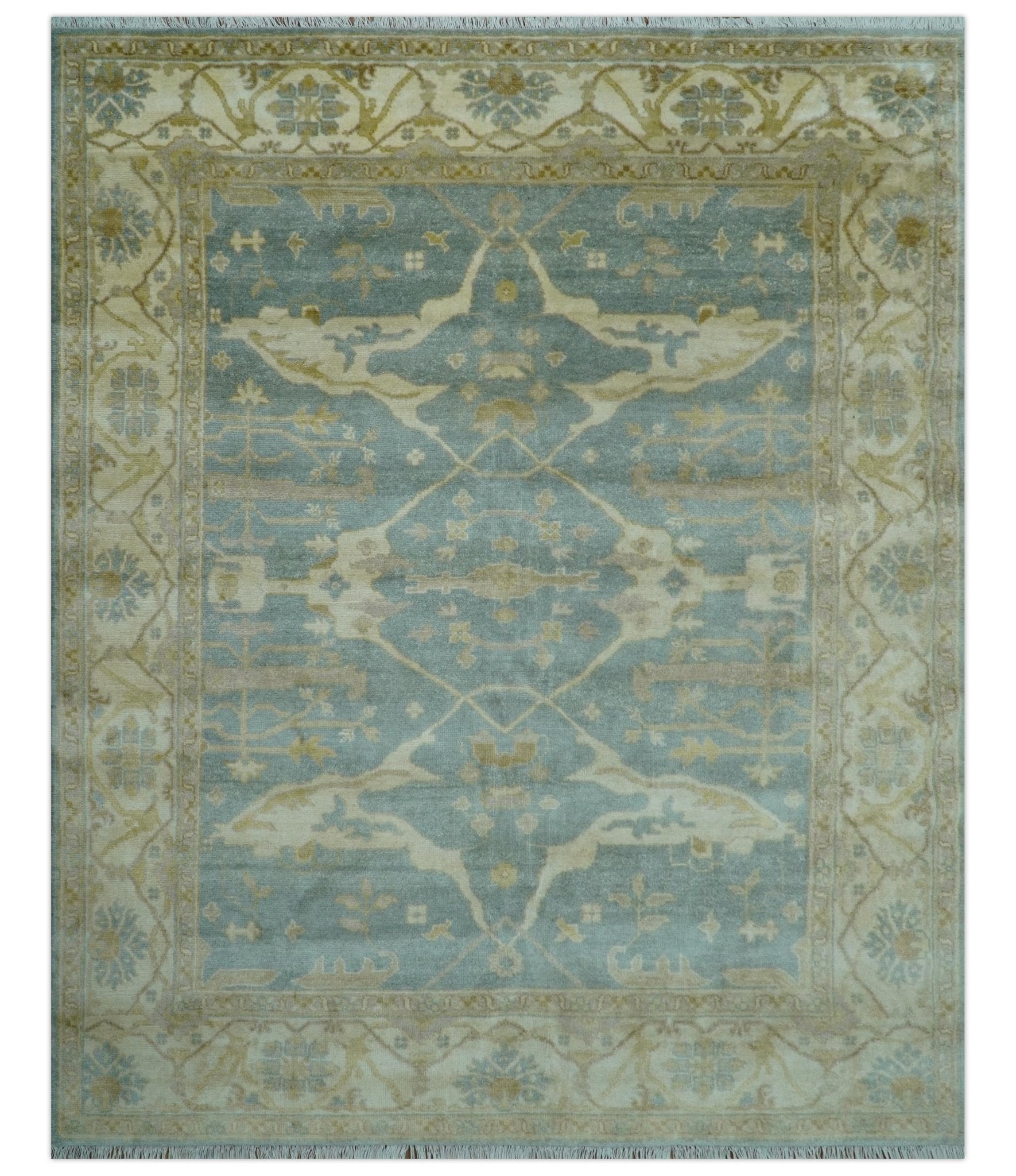 Traditional Oushak Design Blue And Beige Hand Knotted 8x10 Wool Area Rug