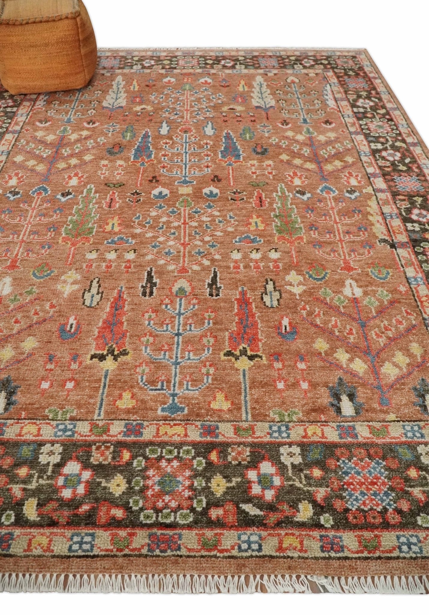 Traditional Oushak Tree of Life Rust and Brown Hand Knotted Wool Rug