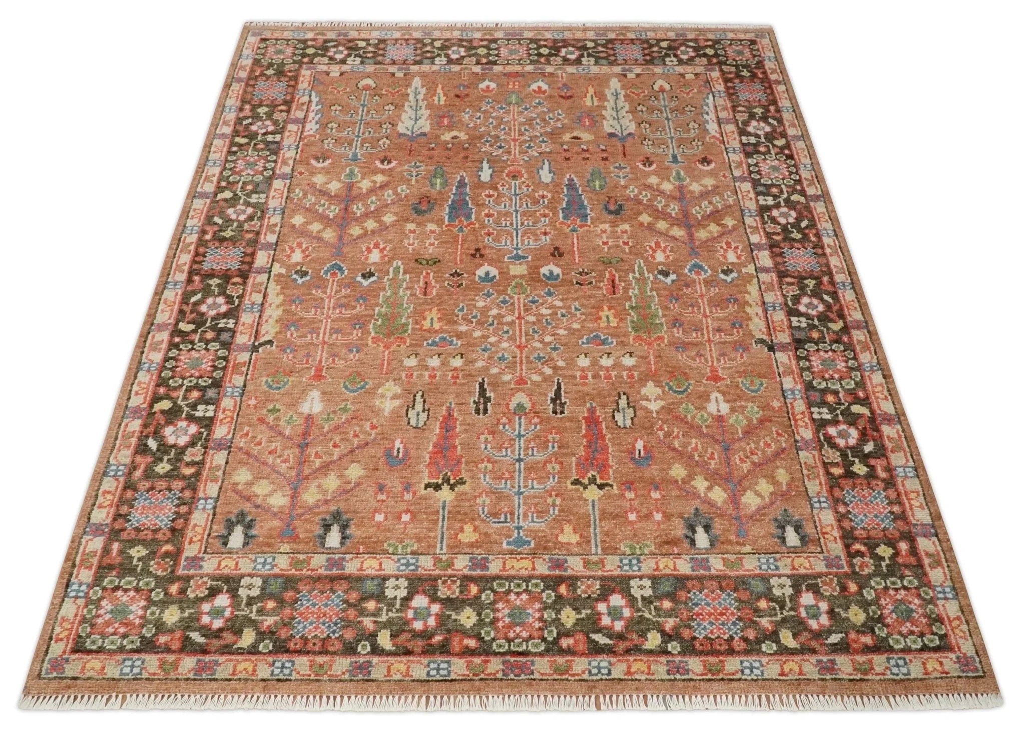Traditional Oushak Tree of Life Rust and Brown Hand Knotted Wool Rug - The Rug Decor