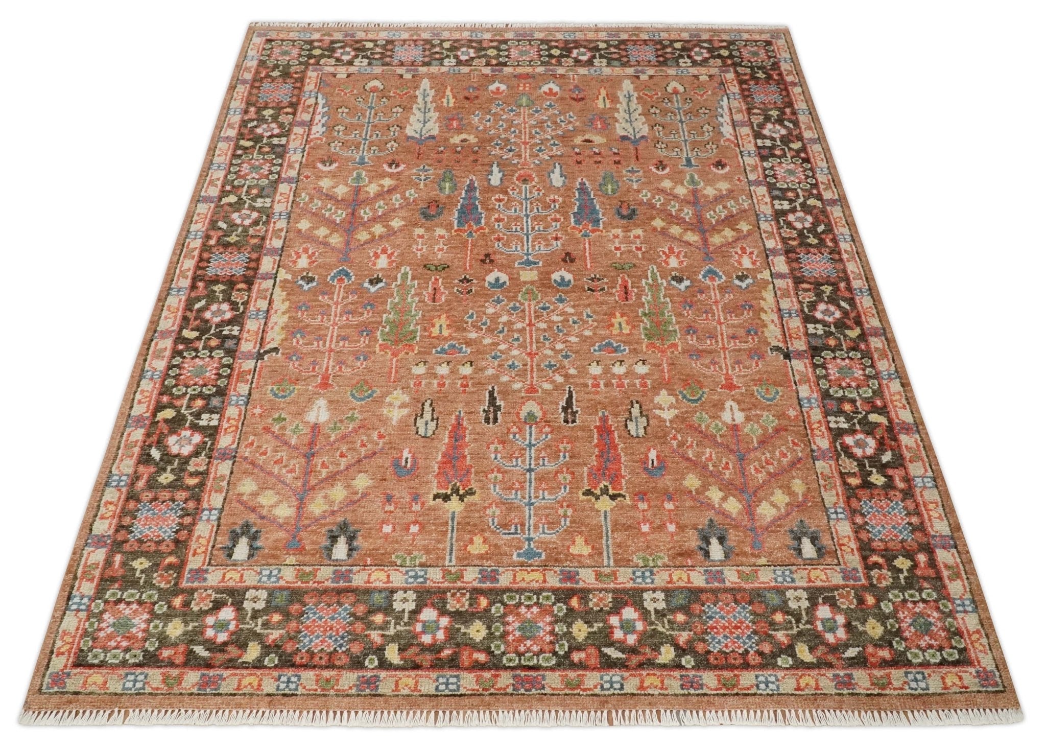 Traditional Oushak Tree of Life Rust and Brown Hand Knotted Wool Rug