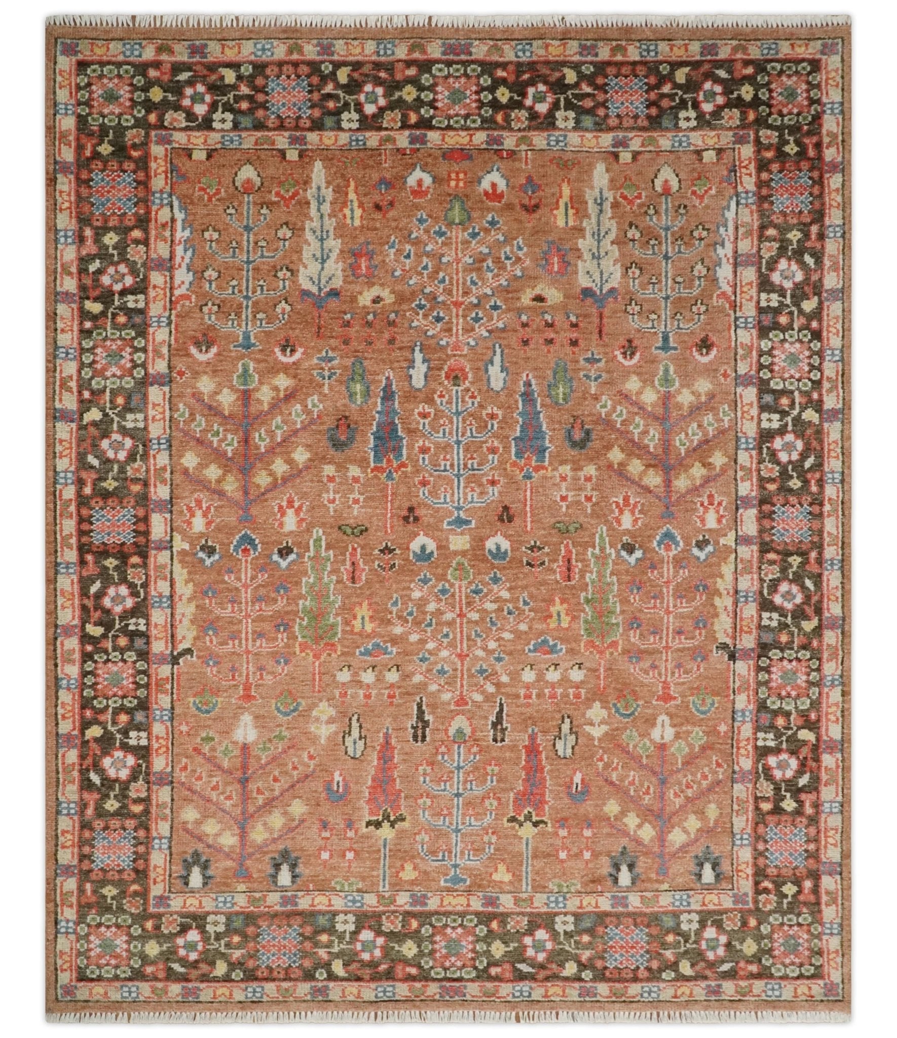 Traditional Oushak Tree of Life Rust and Brown Hand Knotted Wool Rug