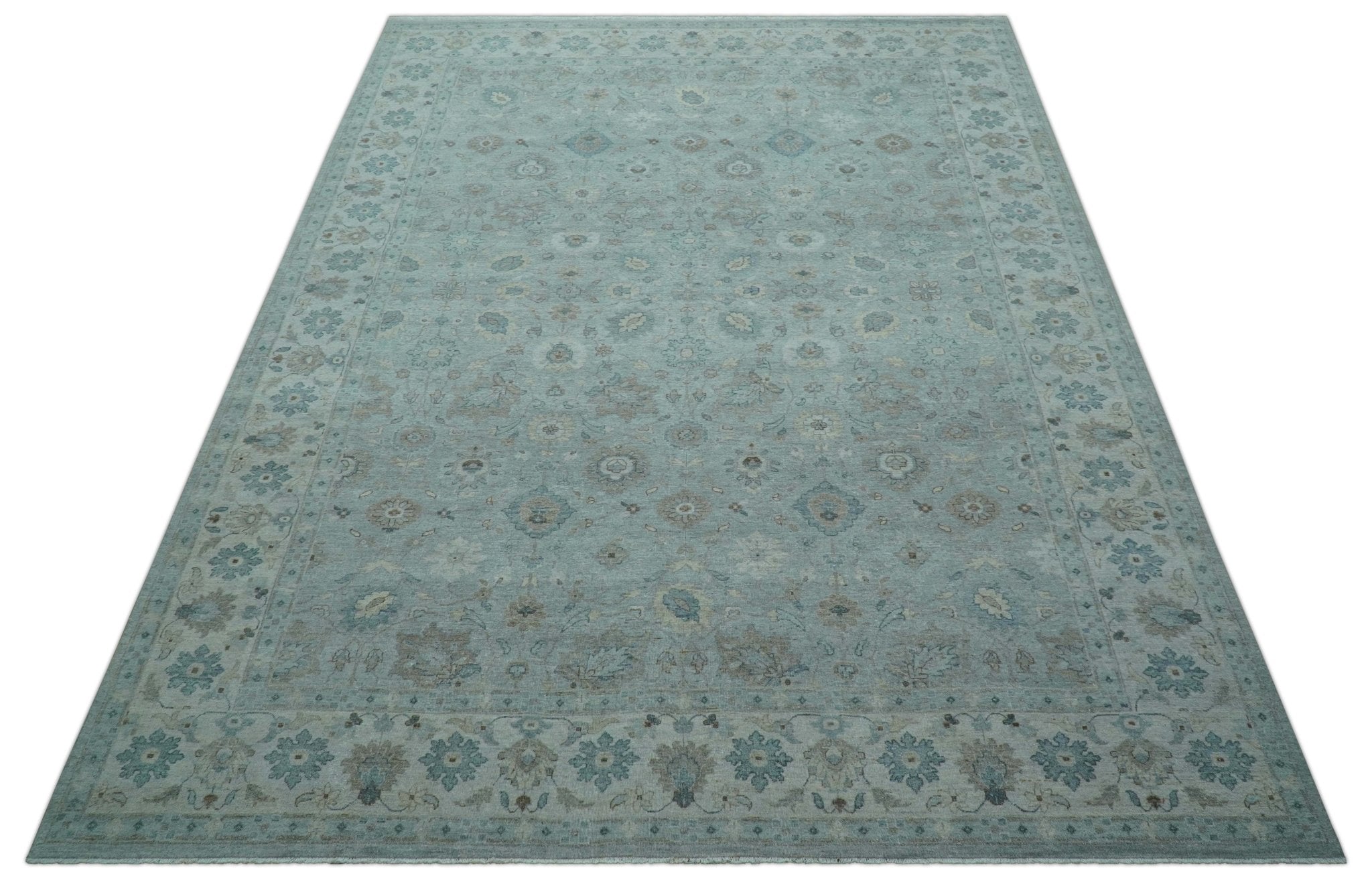 Traditional Turkish Design Blue And Beige 10x14 Hand Knotted Wool Area Rug