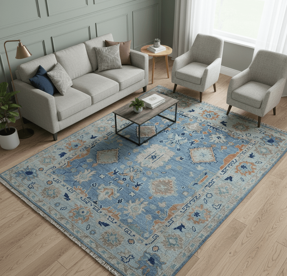 Traditional Turkish Design Blue And Beige 8x10 Hand knotted Wool Area Rug