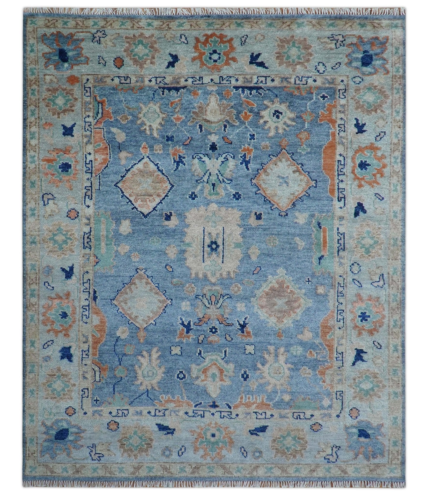 Traditional Turkish Design Blue And Beige 8x10 Hand knotted Wool Area Rug
