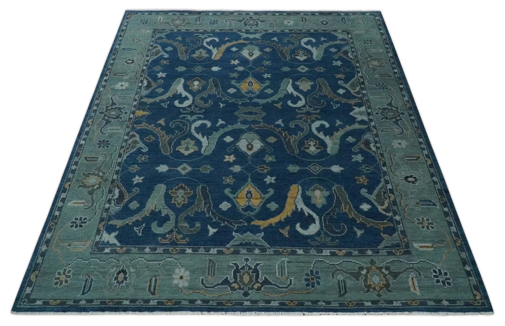 Traditional Turkish Design Hand Knotted Oriental Oushak Blue and Aqua Wool Area Rug - The Rug Decor