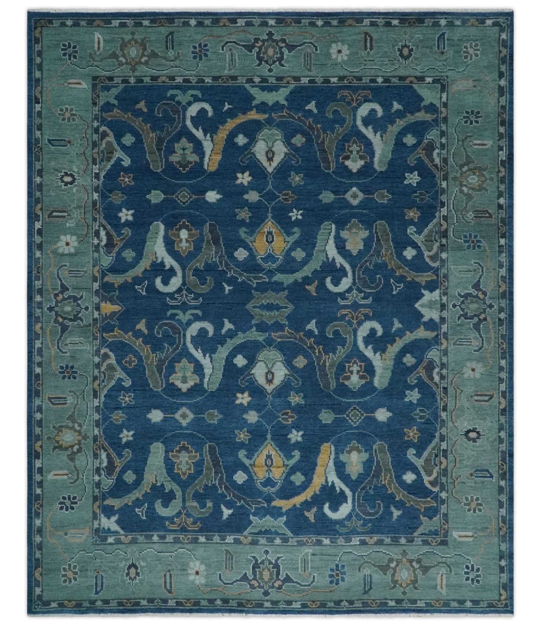 Traditional Turkish Design Hand Knotted Oriental Oushak Blue and Aqua Wool Area Rug