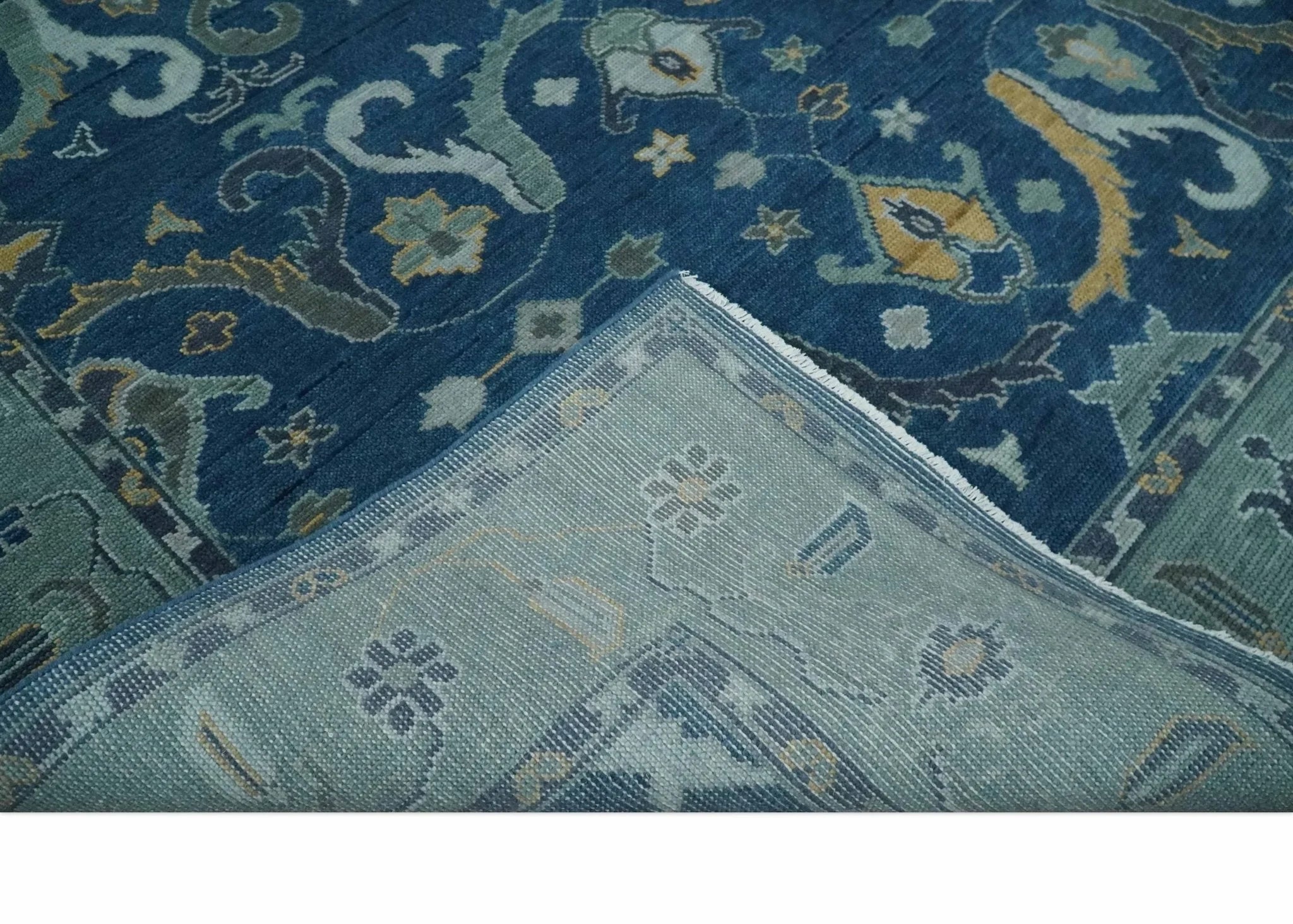 Traditional Turkish Design Hand Knotted Oriental Oushak Blue and Aqua Wool Area Rug - The Rug Decor