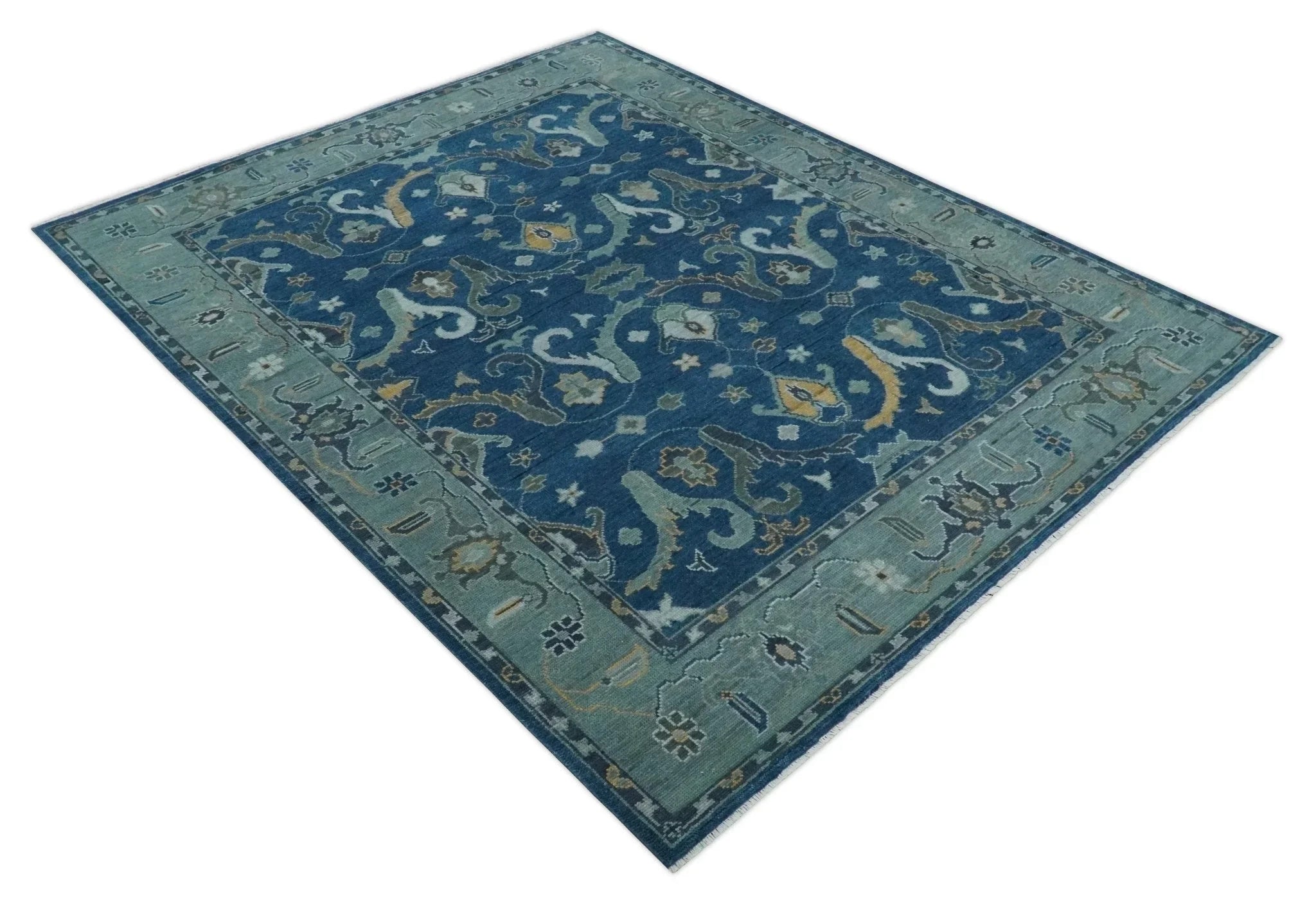 Traditional Turkish Design Hand Knotted Oriental Oushak Blue and Aqua Wool Area Rug - The Rug Decor