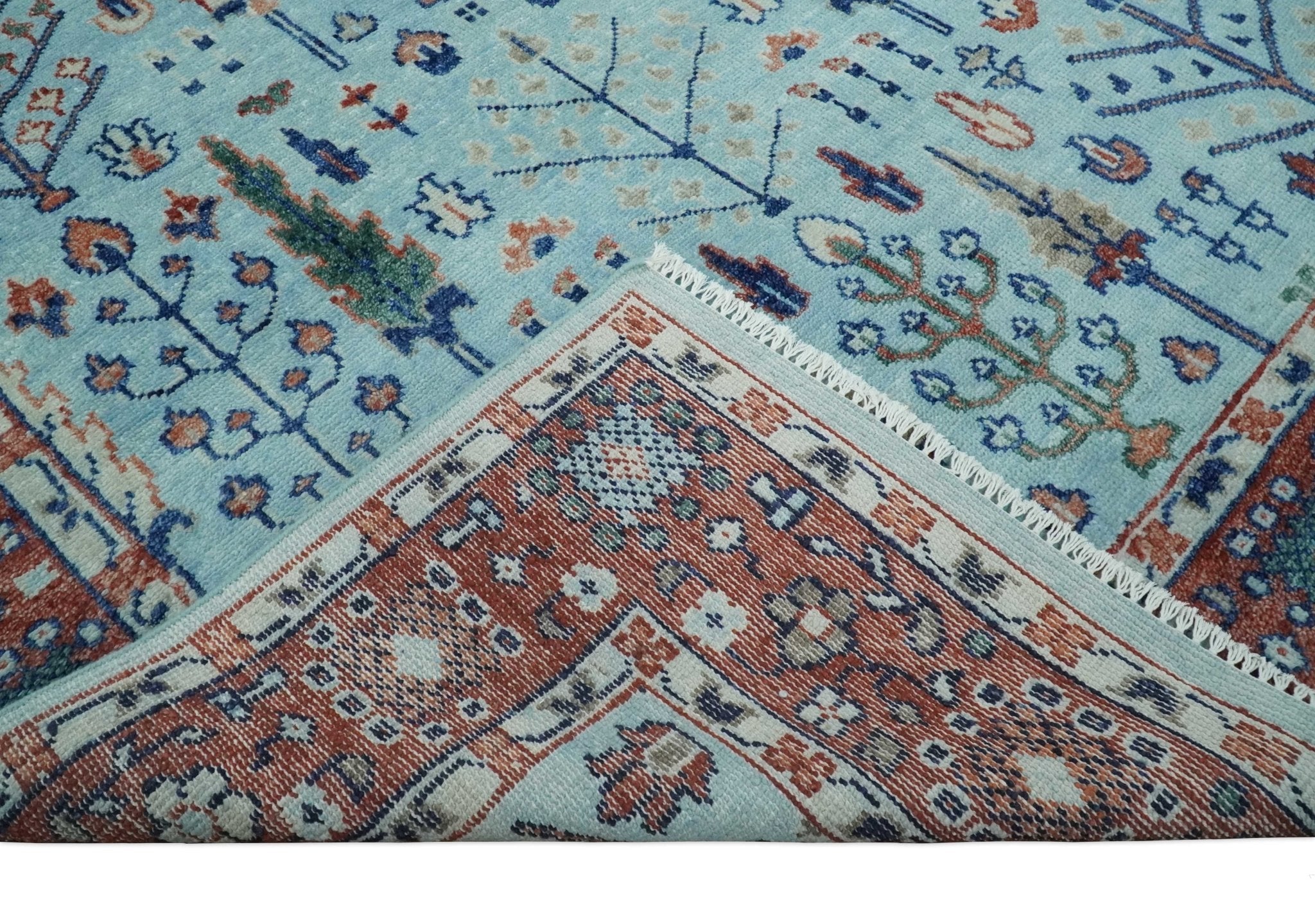 Tree of Life Hand Knotted Blue and Rust Oushak Custom Made Wool Rug