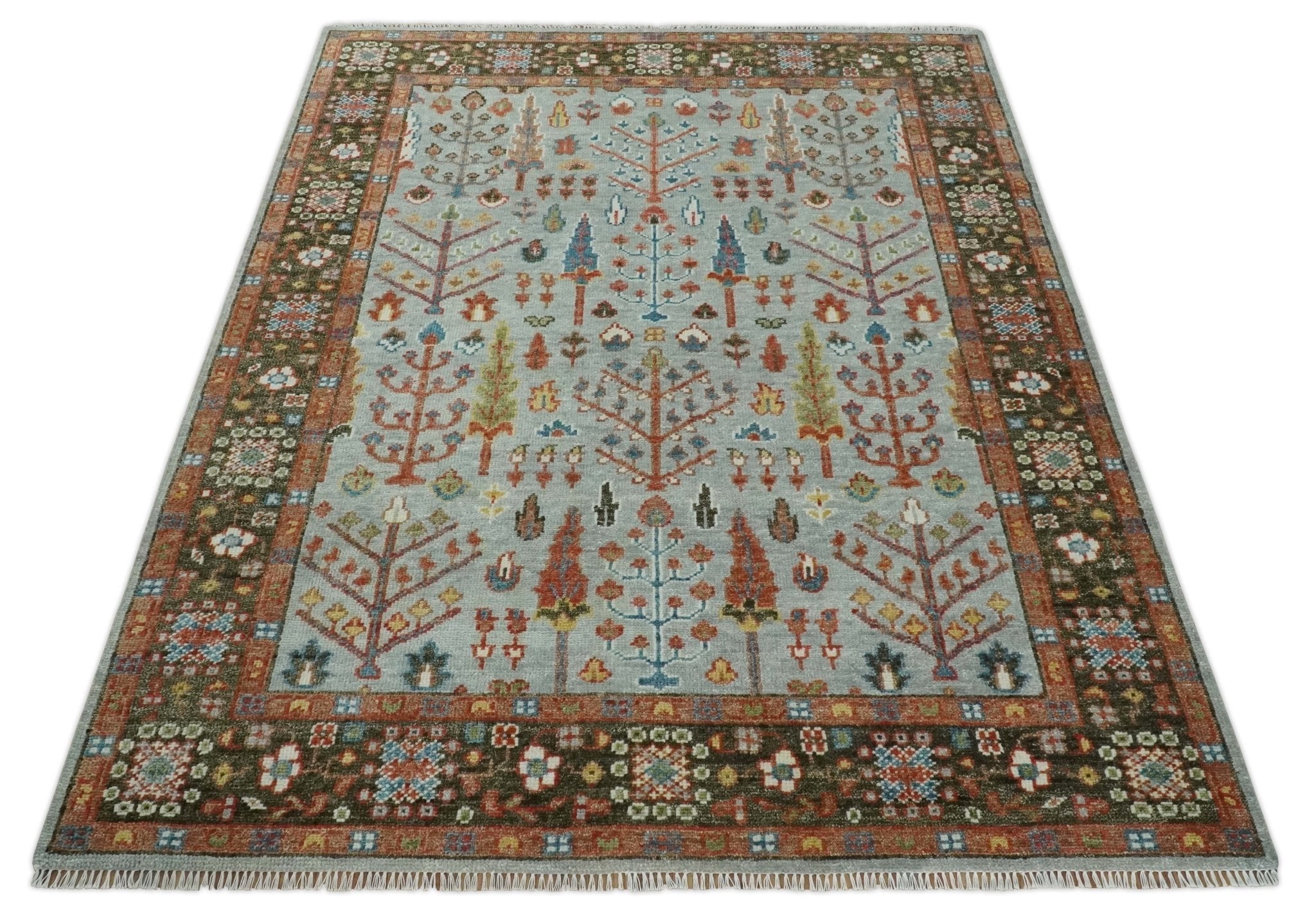 Tree of Life Multi Size Hand Knotted Silver, Brown and Rust Traditional Vintage Oushak Wool Rug
