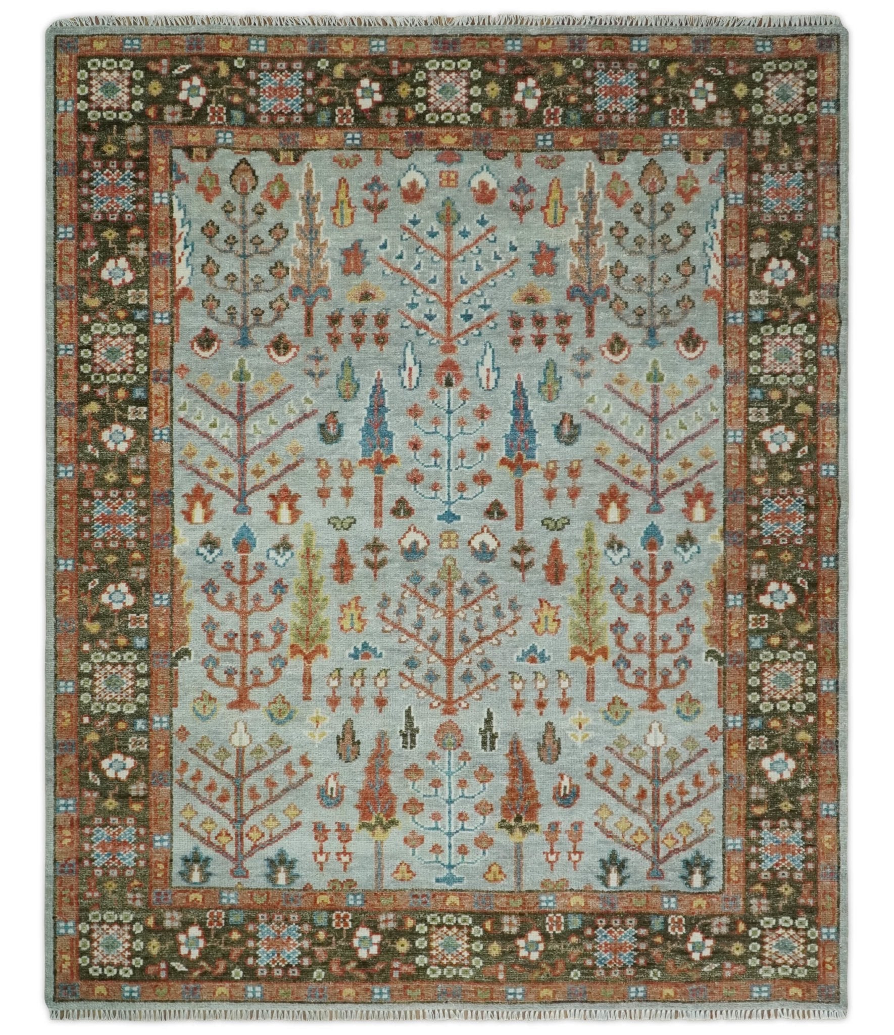 Tree of Life Multi Size Hand Knotted Silver, Brown and Rust Traditional Vintage Oushak Wool Rug