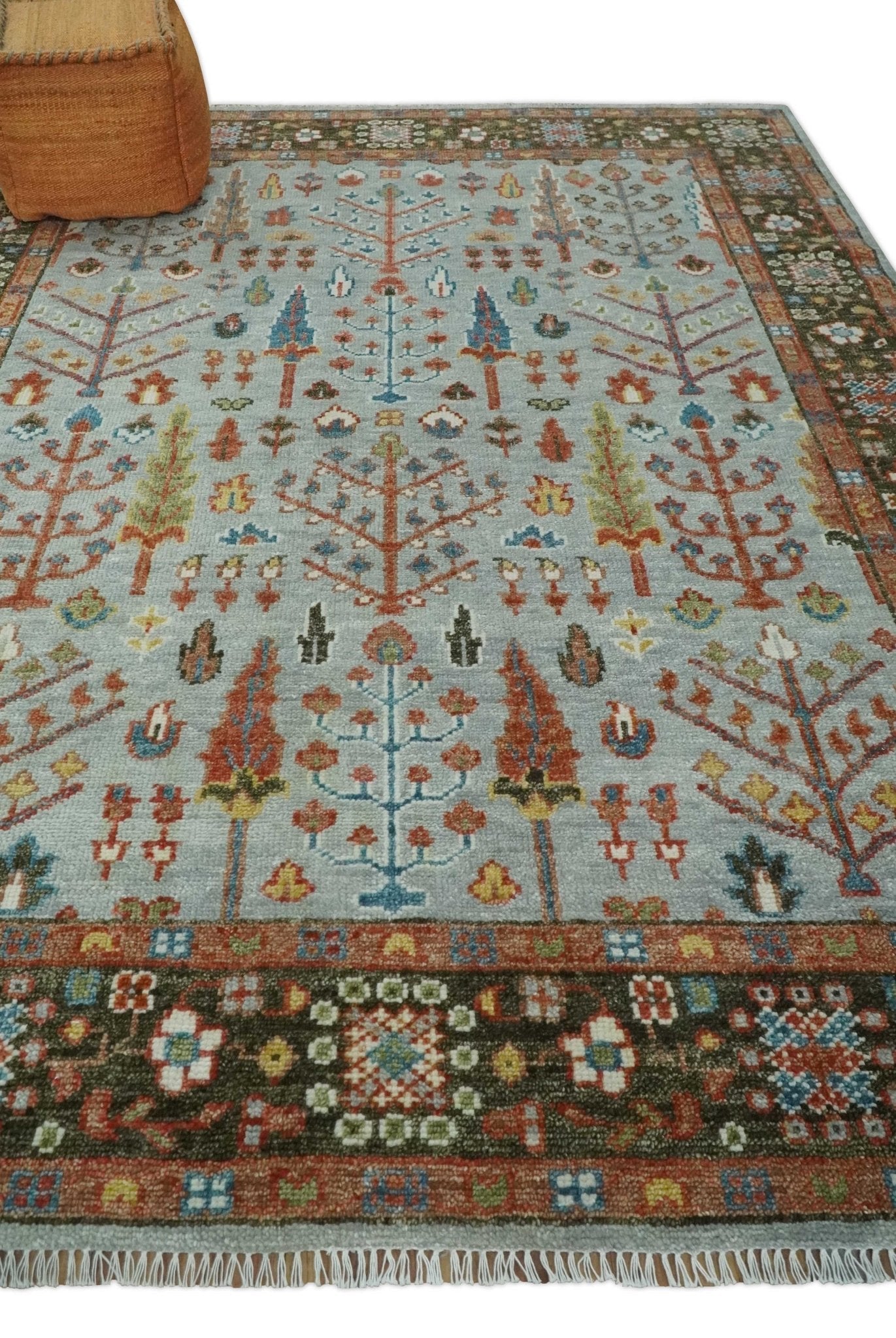 Tree of Life Multi Size Hand Knotted Silver, Brown and Rust Traditional Vintage Oushak Wool Rug