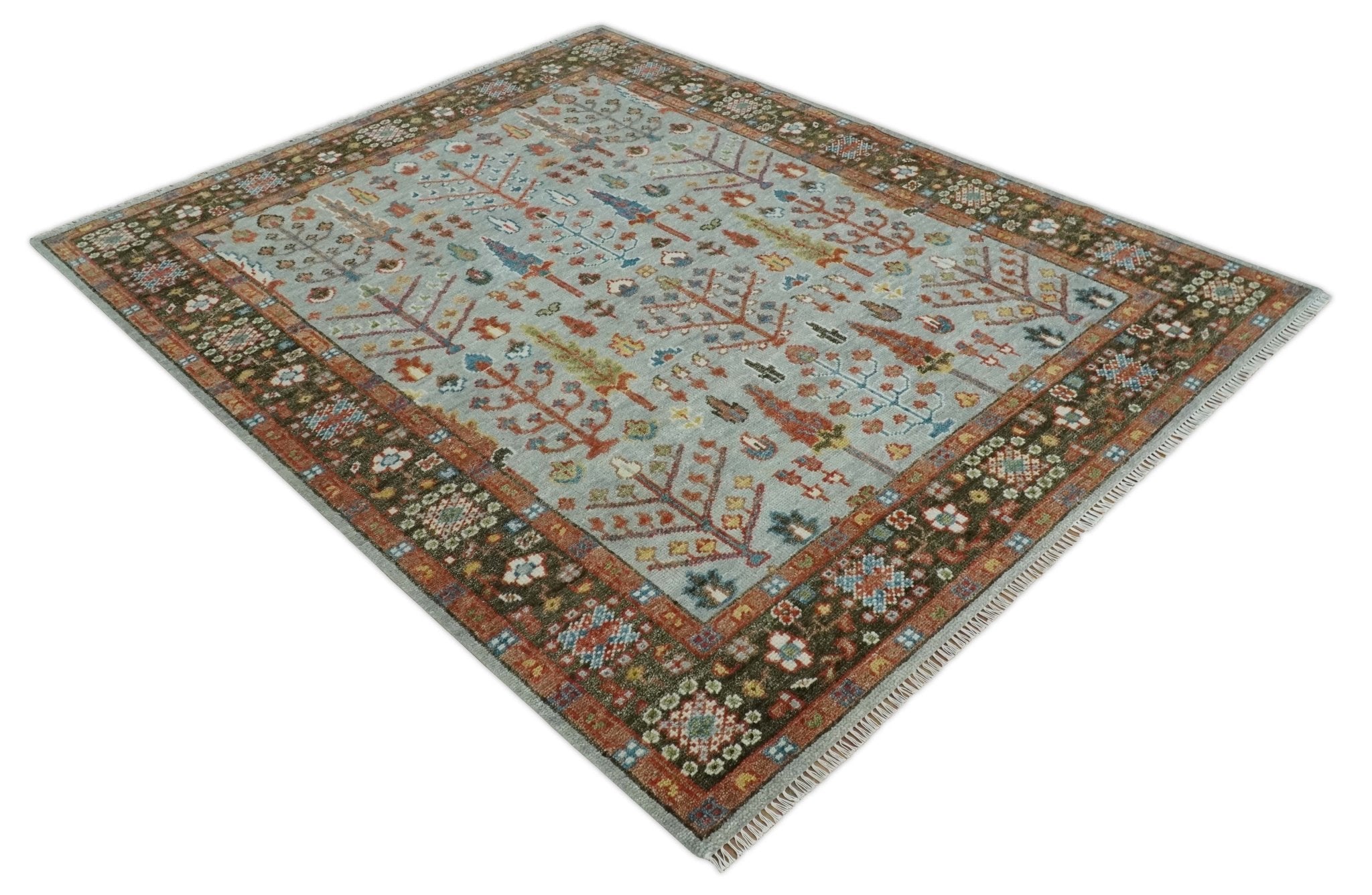 Tree of Life Multi Size Hand Knotted Silver, Brown and Rust Traditional Vintage Oushak Wool Rug