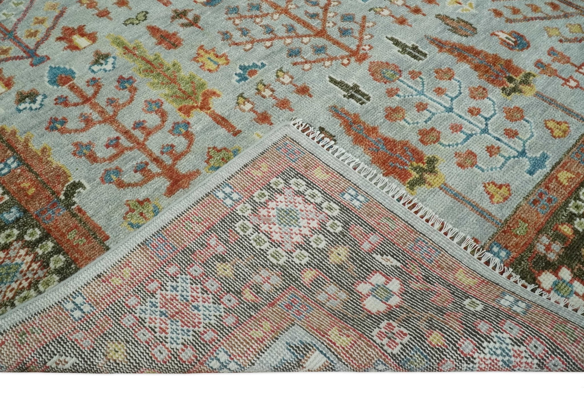Tree of Life Multi Size Hand Knotted Silver, Brown and Rust Traditional Vintage Oushak Wool Rug