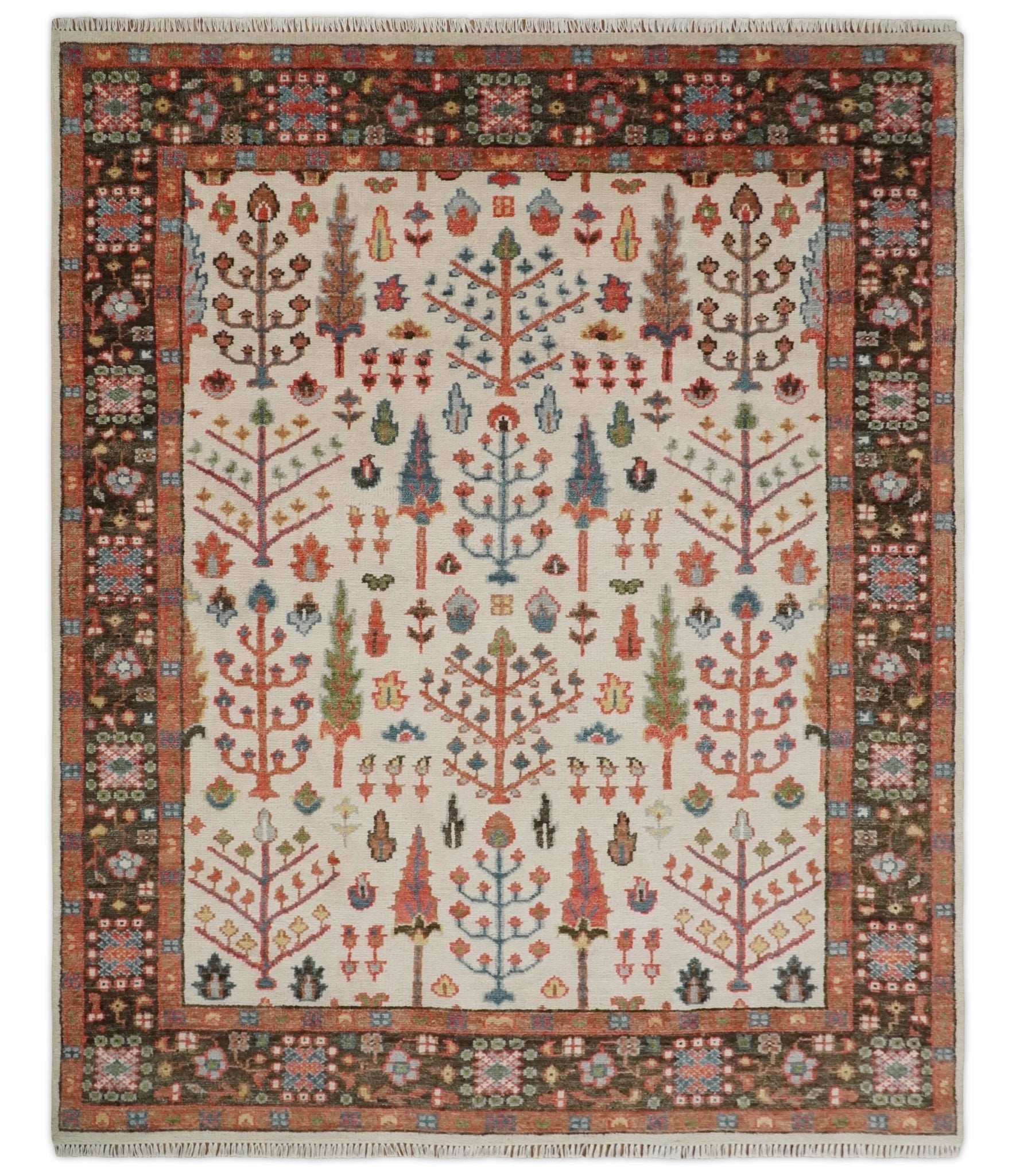 Tree of Life 8x10 Hand Knotted Ivory, Brown and Rust Traditional Oushak Wool Rug
