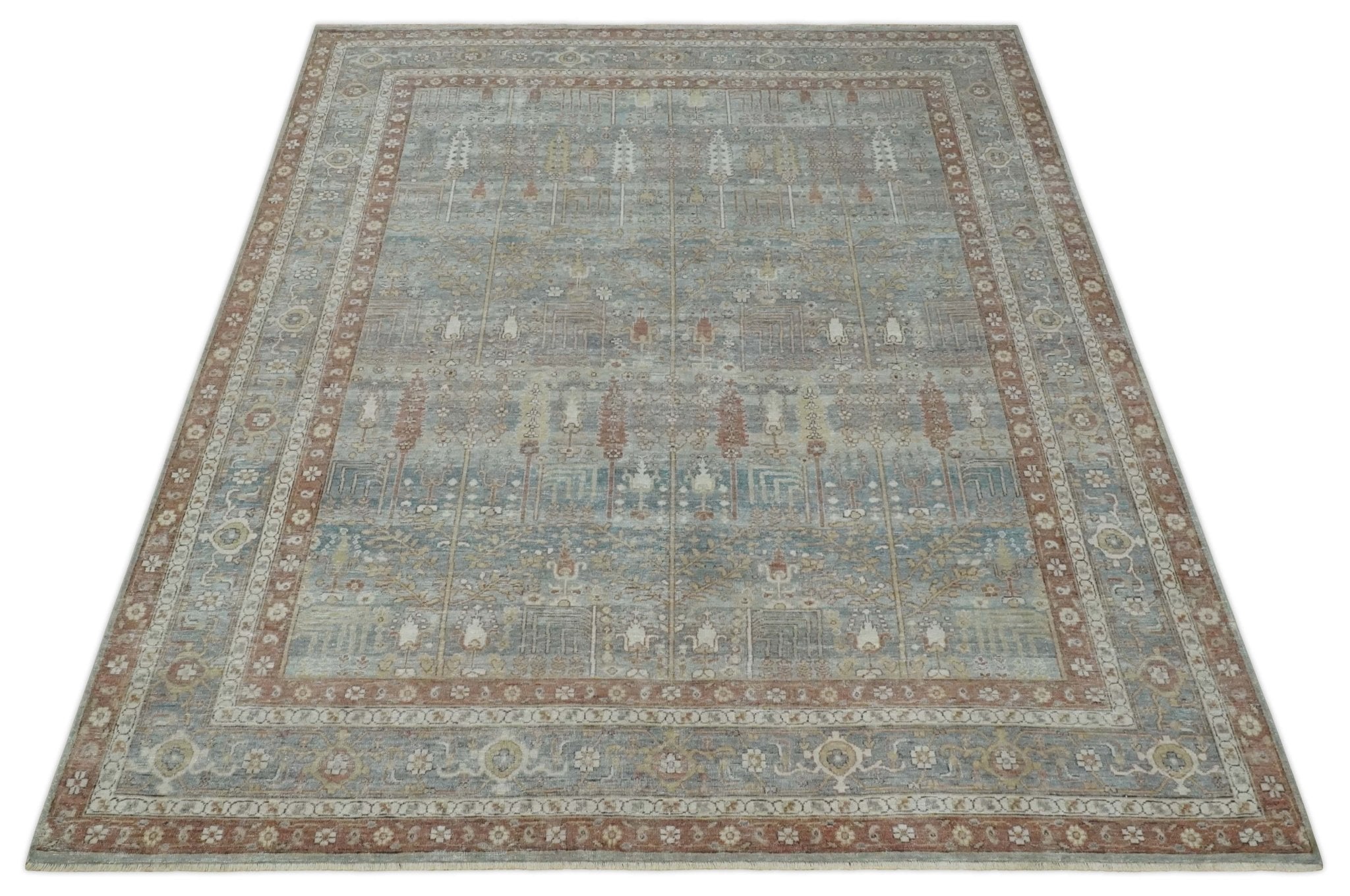 Tree of life Antique Distressed Finished Gray, Silver and Rust Low Pile Multi Size wool Area Rug - The Rug Decor
