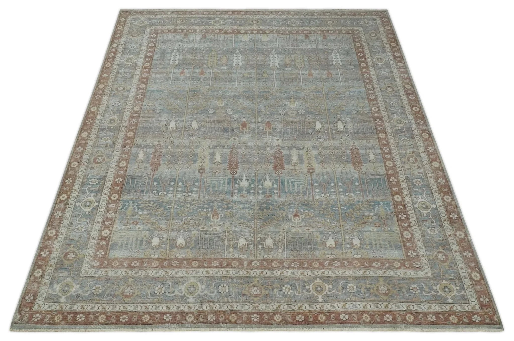 Tree of life Antique Distressed Finished Gray, Silver and Rust Low Pile Multi Size wool Area Rug - The Rug Decor