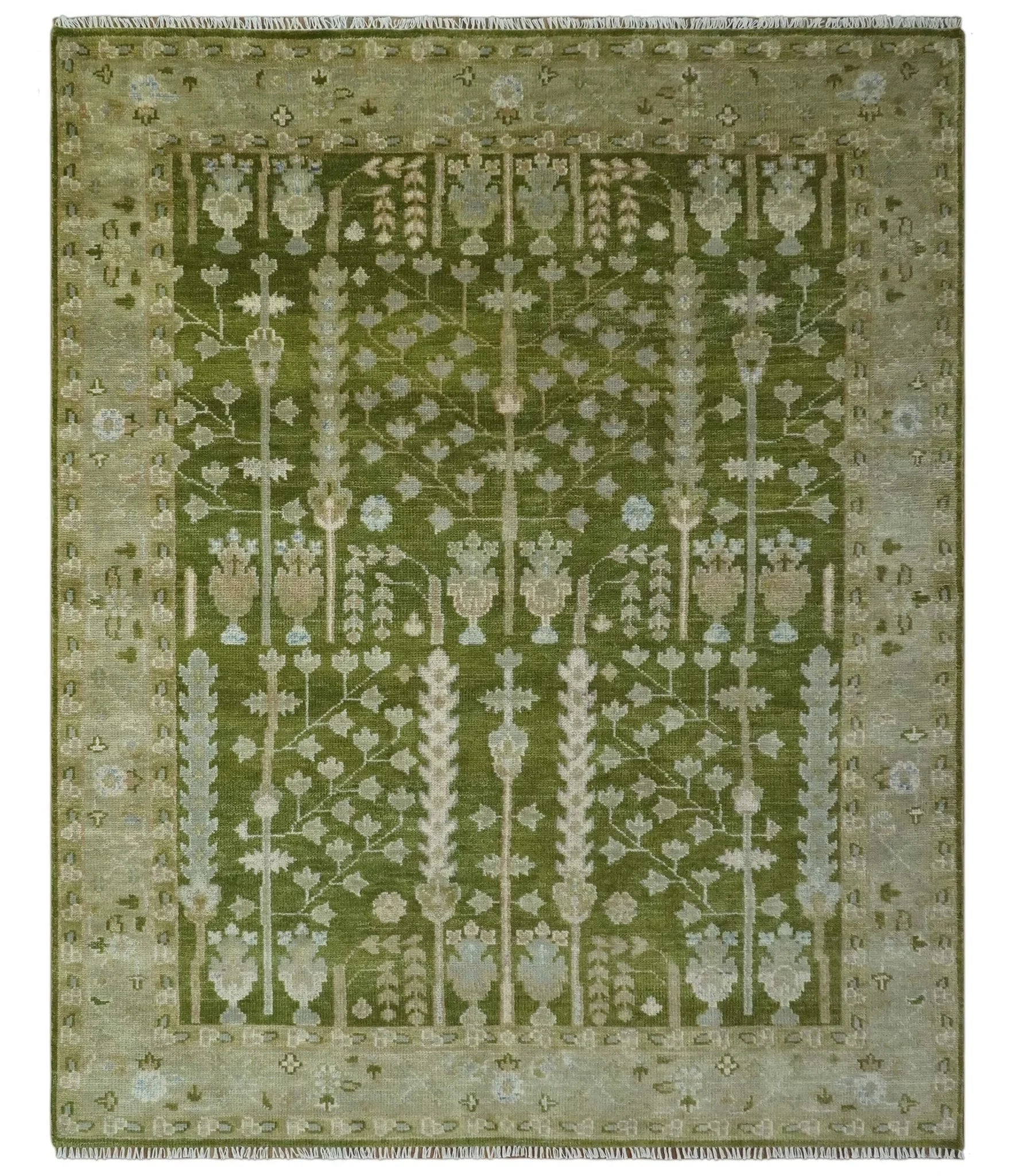 Tree of life Green and Silver Hand Knotted Traditional Floral Custom Made wool rug - The Rug Decor