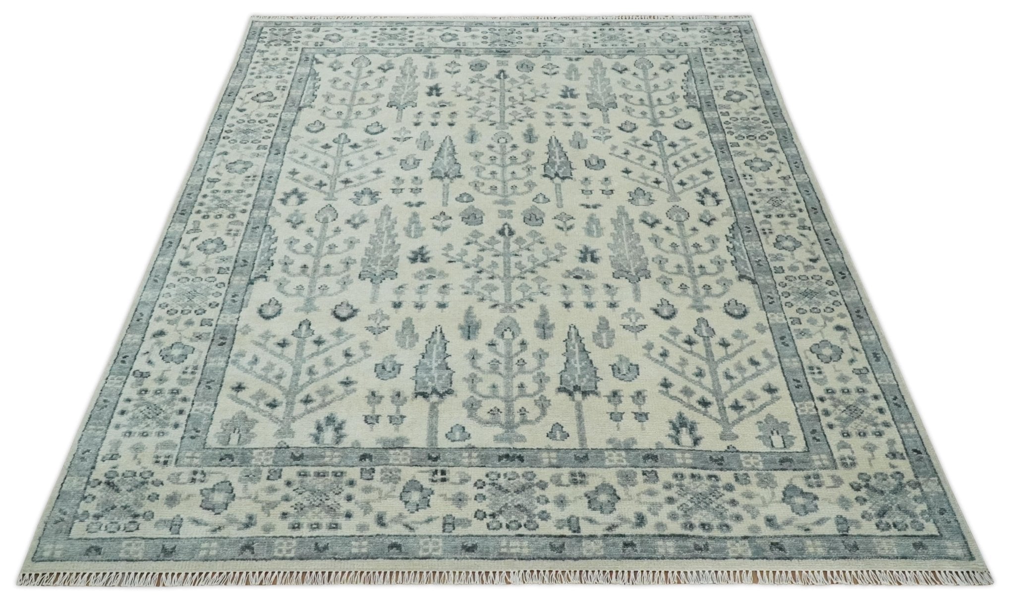 Tree of Life Hand Knotted Ivory and Charcoal Traditional Oushak Custom Made Wool Rug - The Rug Decor