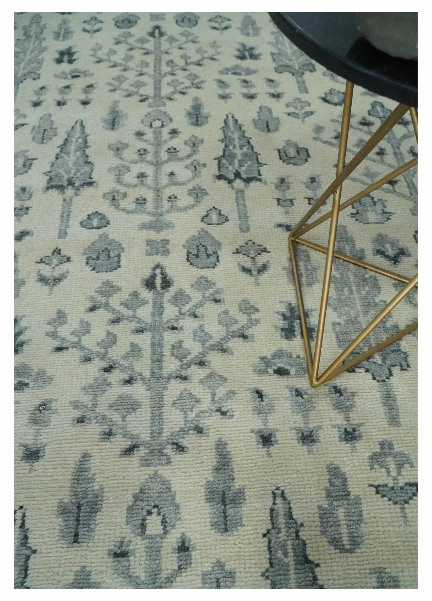 Tree of Life Hand Knotted Ivory and Charcoal Traditional Oushak Custom Made Wool Rug - The Rug Decor