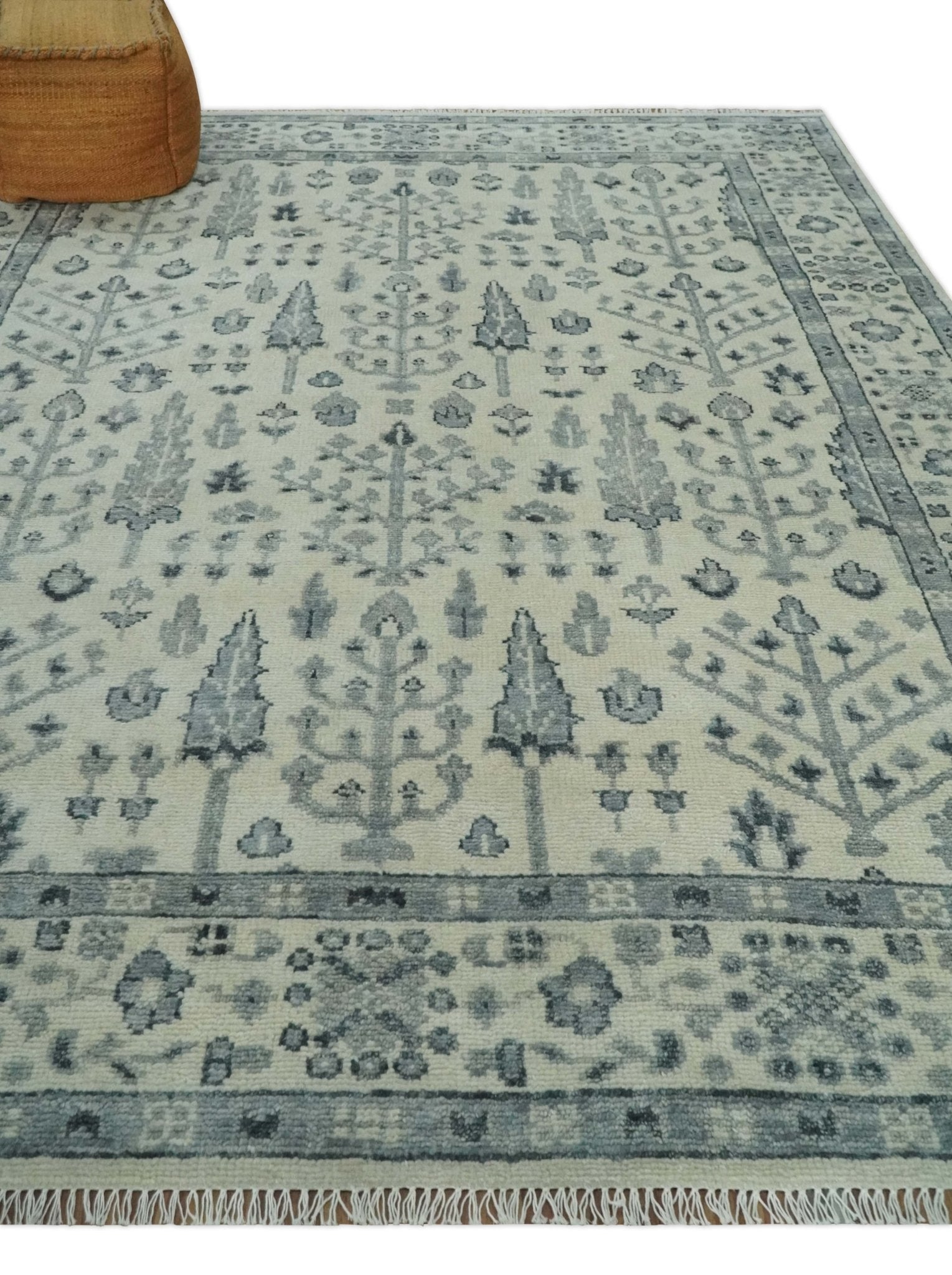 Tree of Life Hand Knotted Ivory and Charcoal Traditional Oushak Custom Made Wool Rug - The Rug Decor