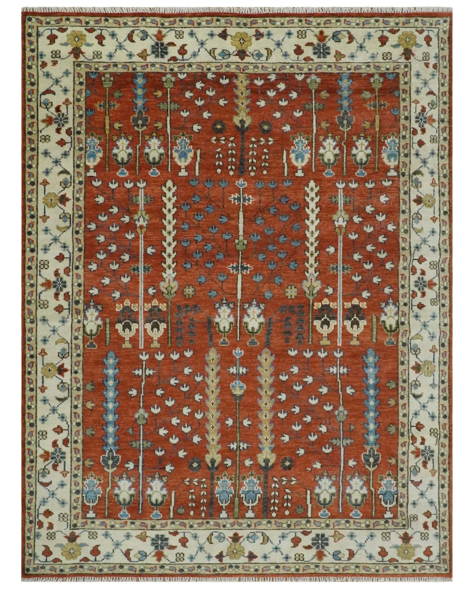 Tree of Life Rust and Ivory Traditional Hand Knotted Turkish Design Wool Area Rug