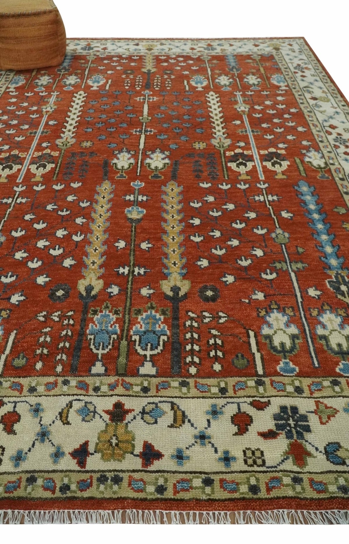 Tree of Life Rust and Ivory Traditional Hand Knotted Turkish Design Wool Area Rug