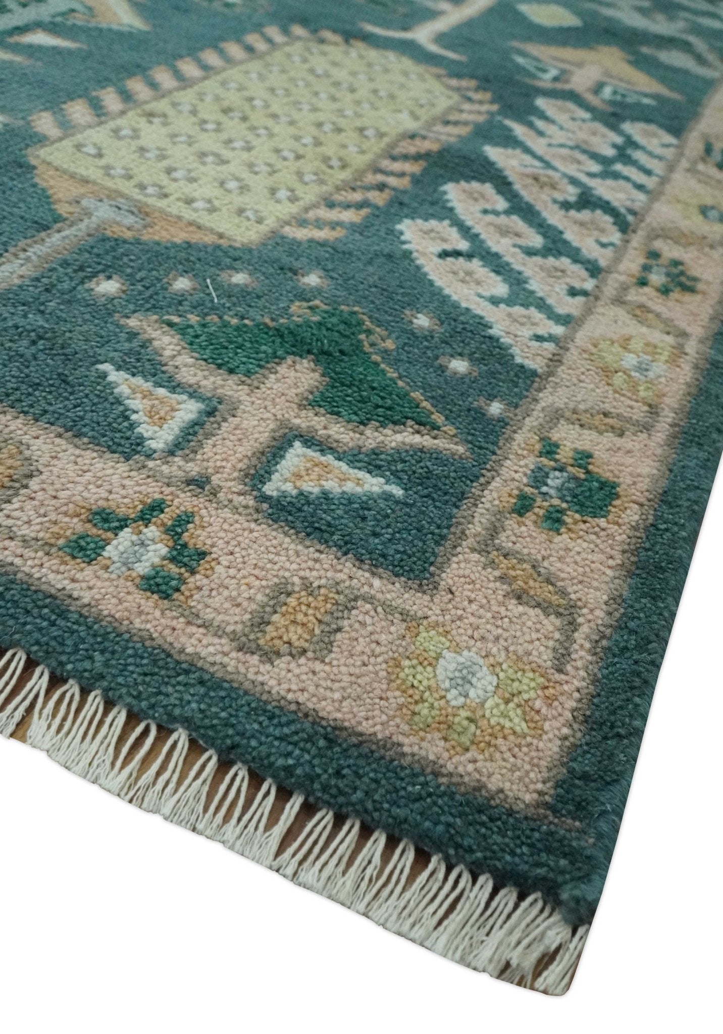 Tree of life Teal, Peach and Olive Hand Knotted Traditional Oushak Custom Made wool area Rug - The Rug Decor