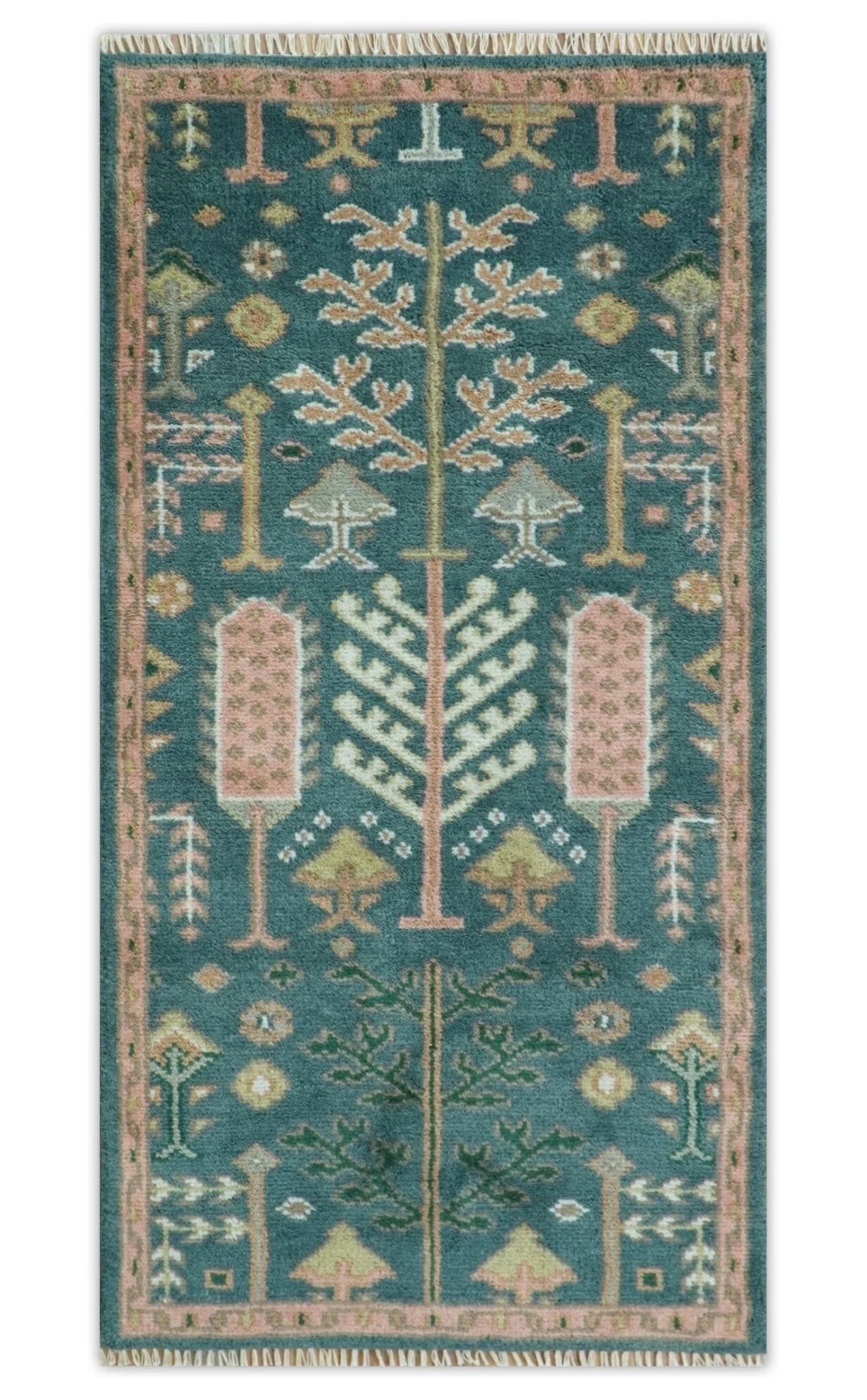 Tree of life Teal, Peach and Olive Hand Knotted Traditional Oushak Custom Made wool area Rug - The Rug Decor