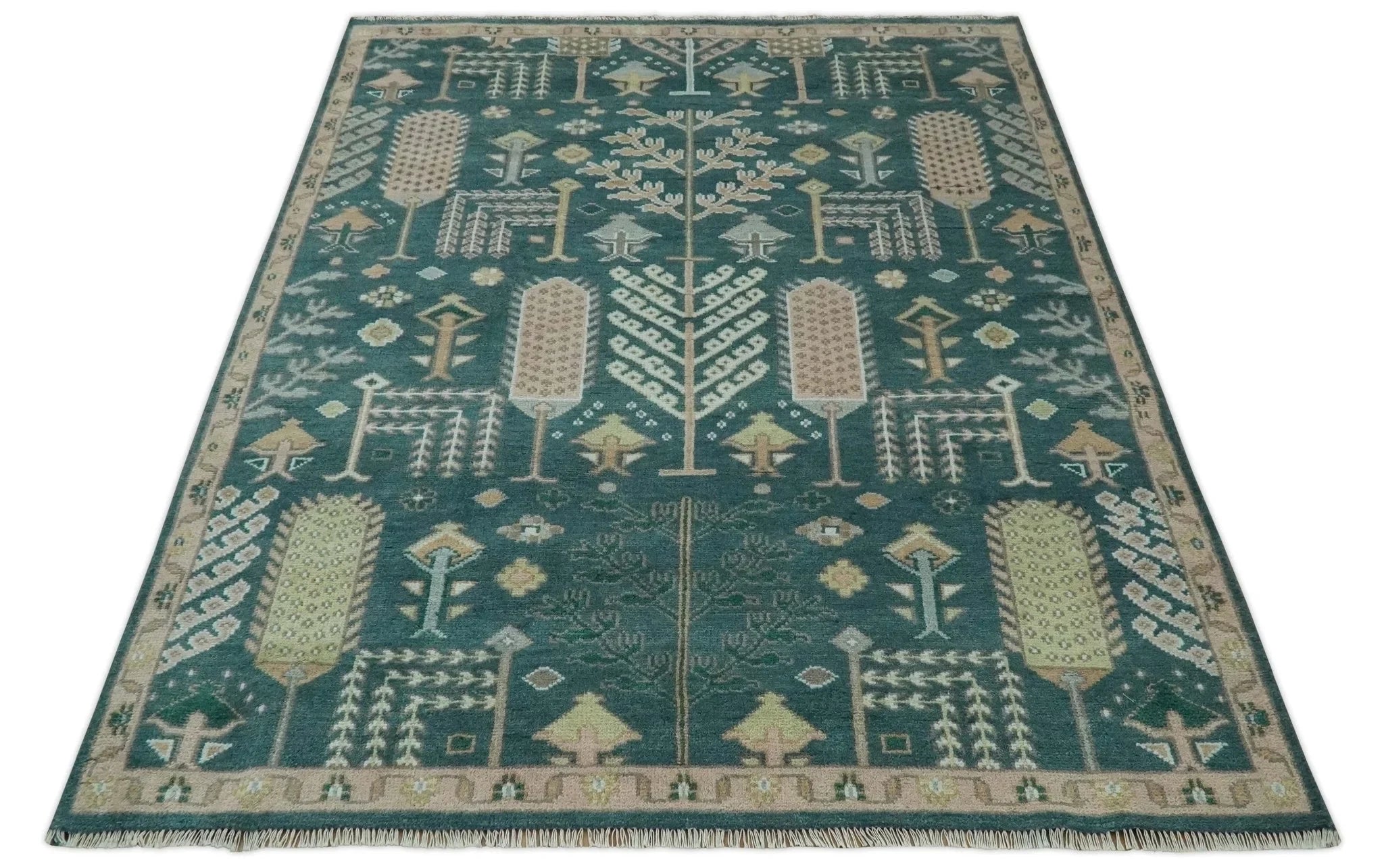 Tree of life Teal, Peach and Olive Hand Knotted Traditional Oushak Custom Made wool area Rug - The Rug Decor