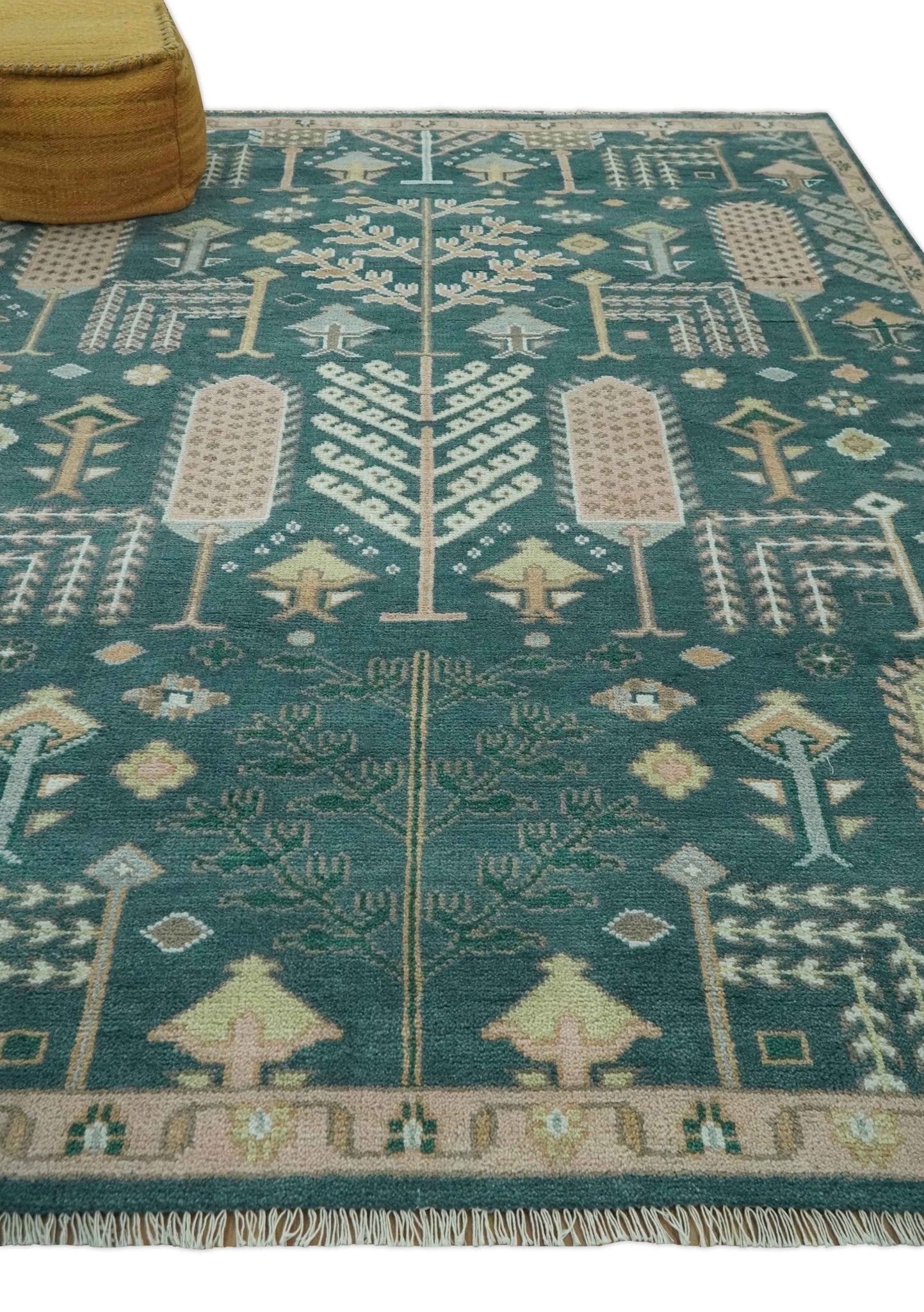 Tree of life Teal, Peach and Olive Hand Knotted Traditional Oushak Custom Made wool area Rug - The Rug Decor