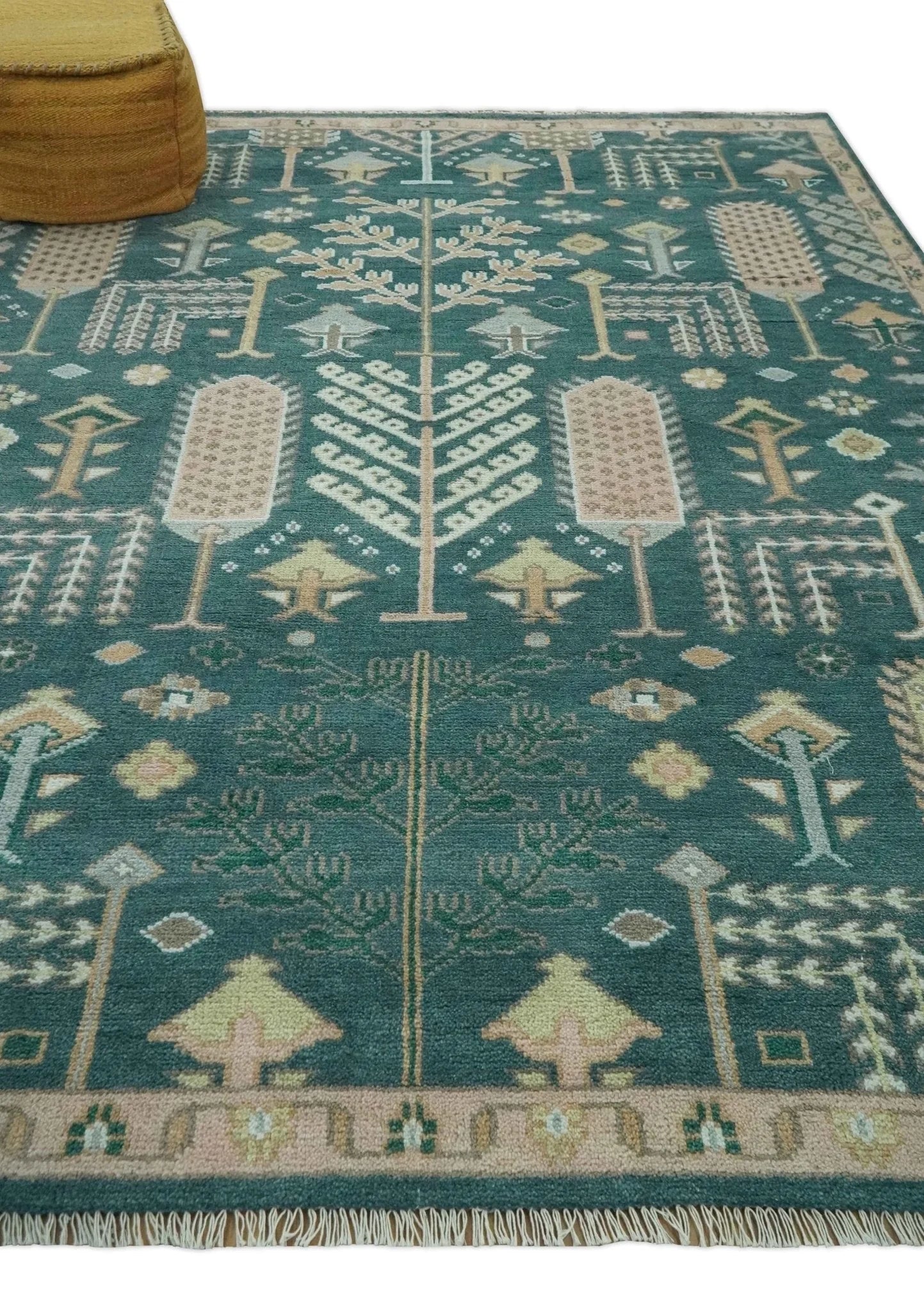 Tree of life Teal, Peach and Olive Hand Knotted Traditional Oushak Custom Made wool area Rug - The Rug Decor