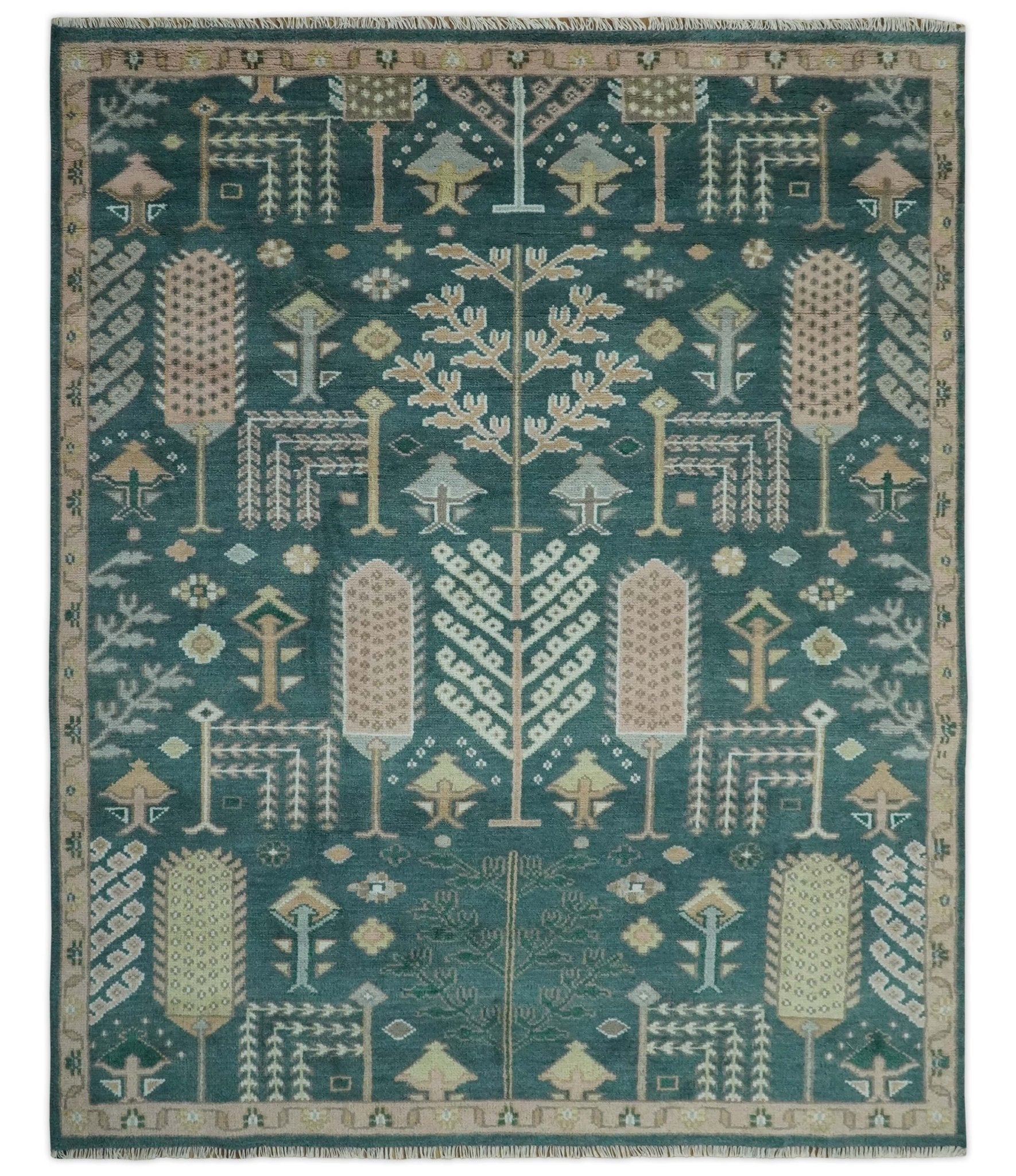Tree of life Teal, Peach and Olive Hand Knotted Traditional Oushak Custom Made wool area Rug - The Rug Decor