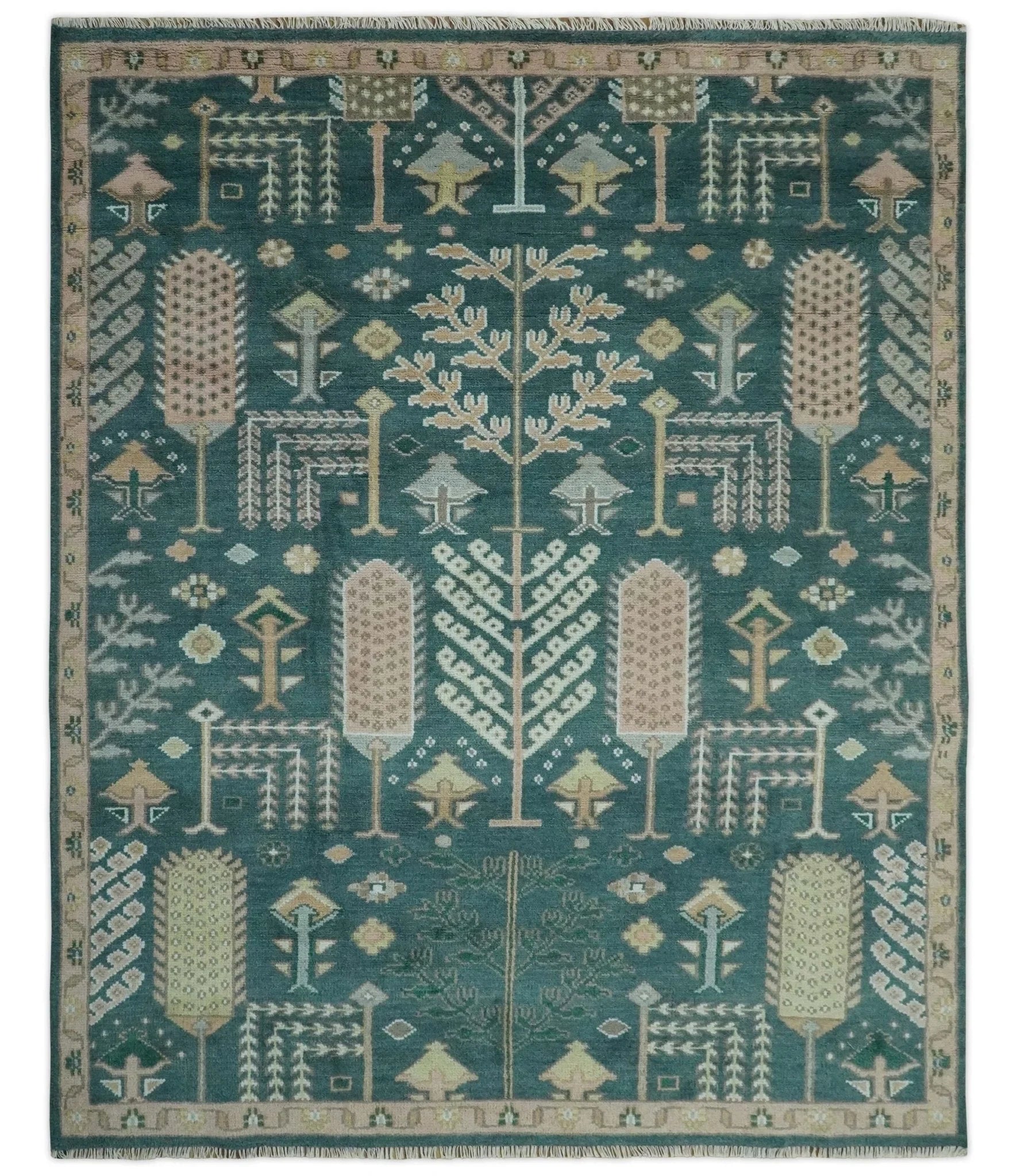 Tree of life Teal, Peach and Olive Hand Knotted Traditional Oushak Custom Made wool area Rug - The Rug Decor