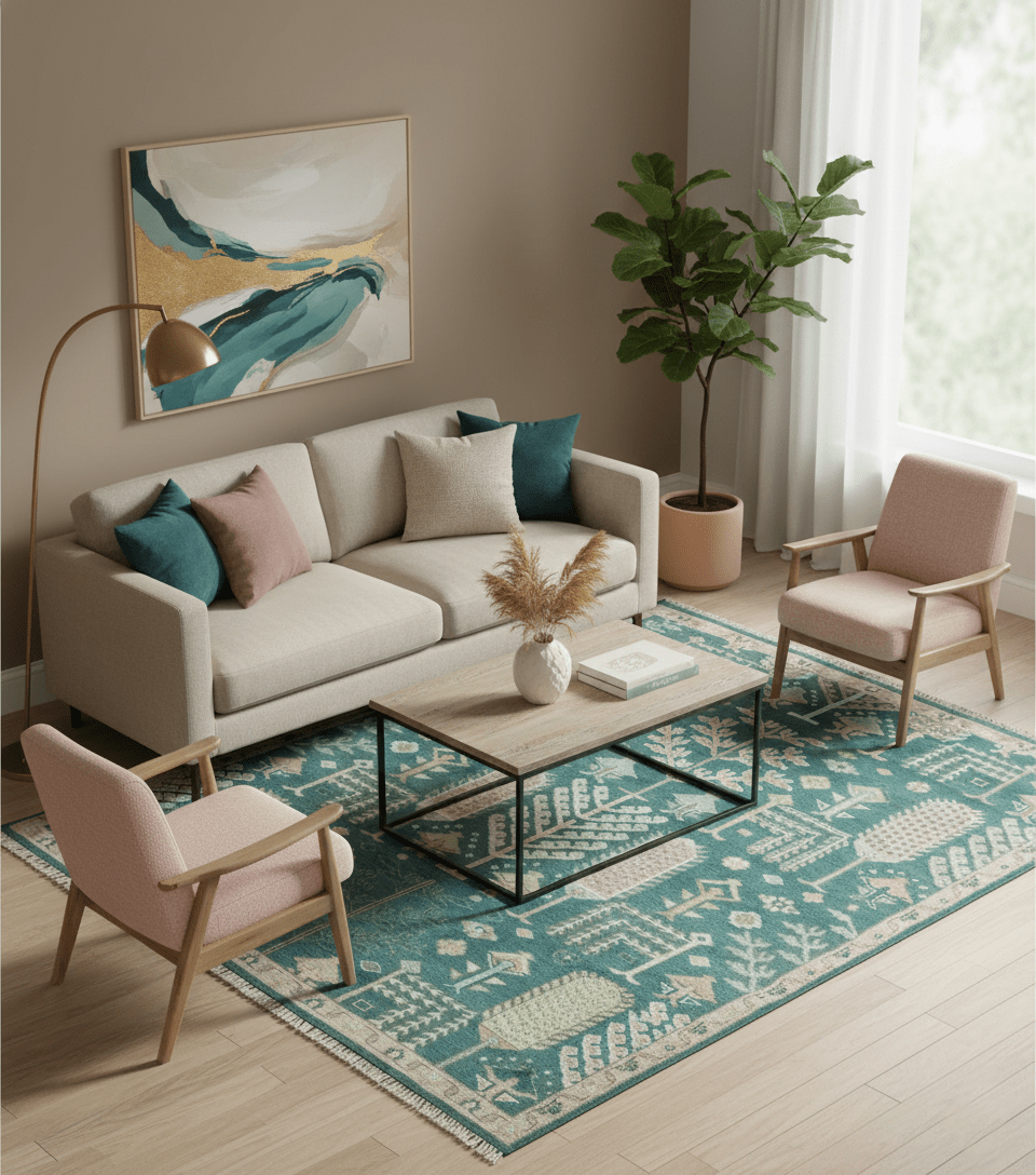 Tree of life Teal, Peach and Olive Hand Knotted Traditional Oushak Custom Made wool area Rug