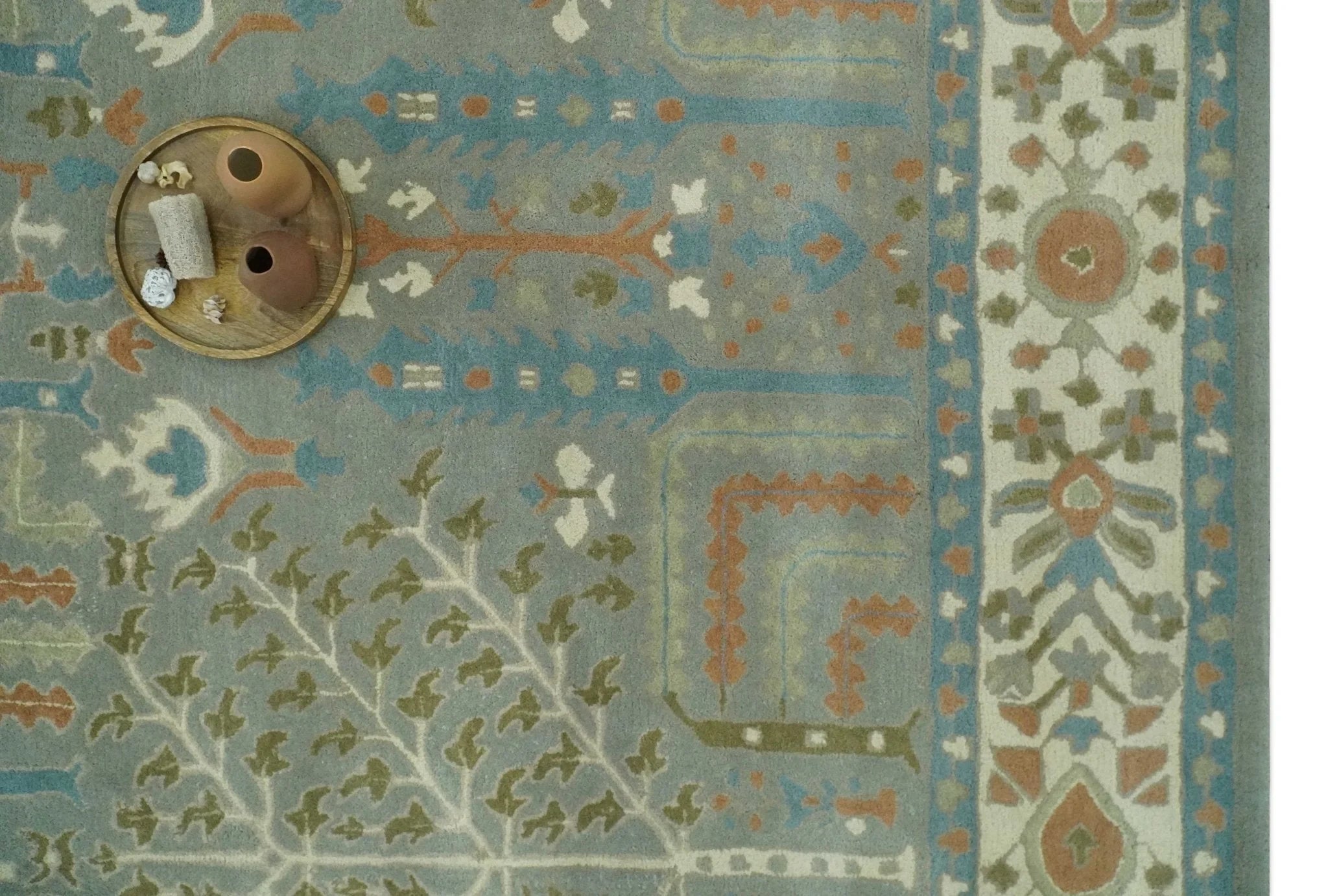 Tree of life Traditional Floral Gray, Beige, Green and Dark Peach Hand Tufted wool Area Rug - The Rug Decor