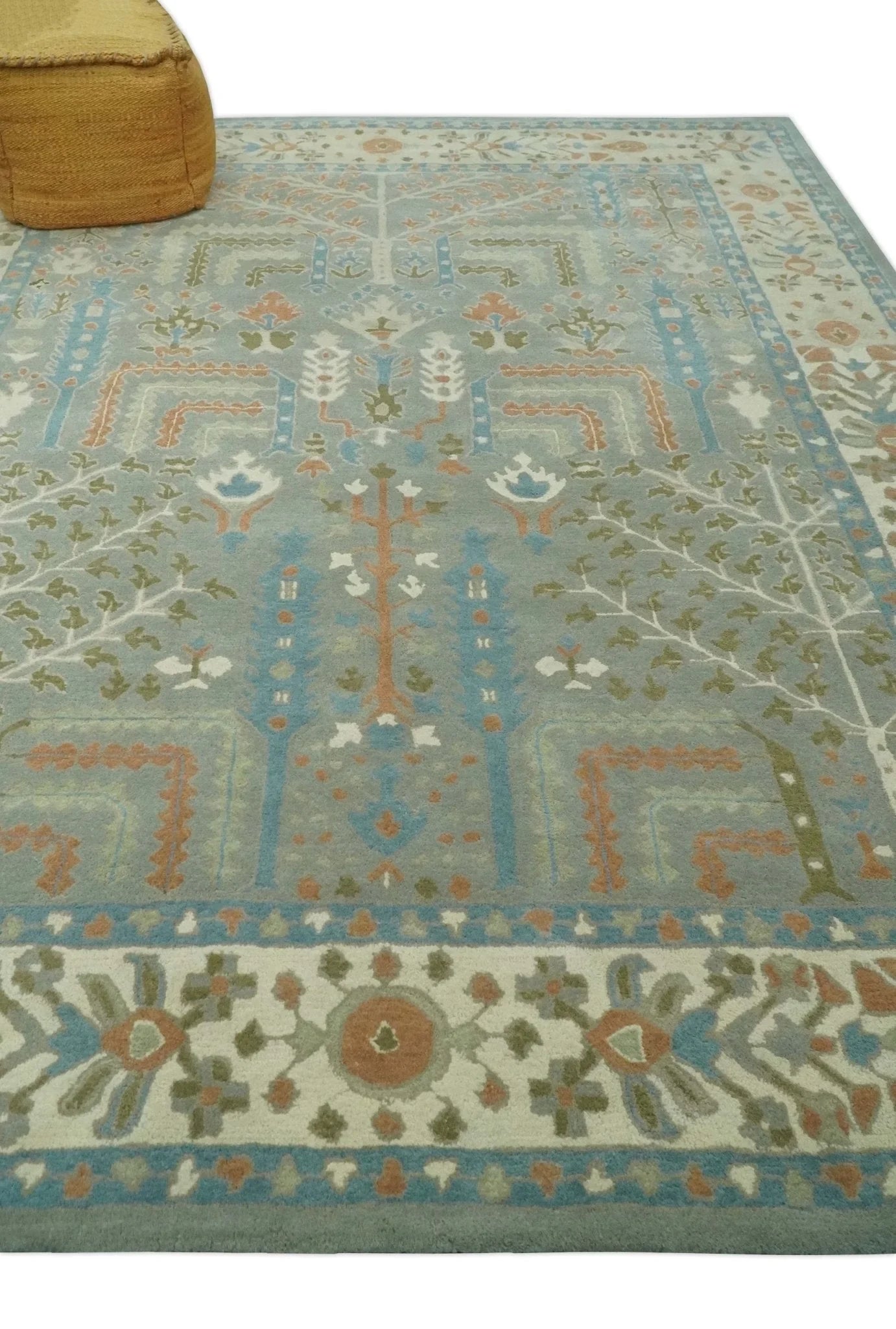 Tree of life Traditional Floral Gray, Beige, Green and Dark Peach Hand Tufted wool Area Rug - The Rug Decor