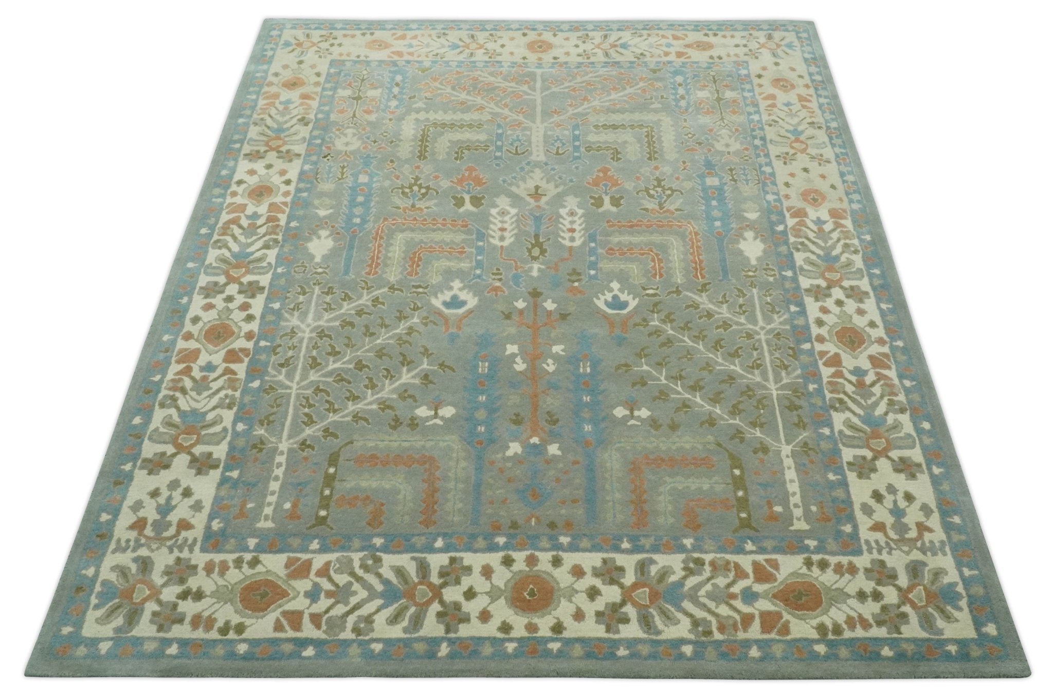 Tree of life Traditional Floral Gray, Beige, Green and Dark Peach Hand Tufted wool Area Rug