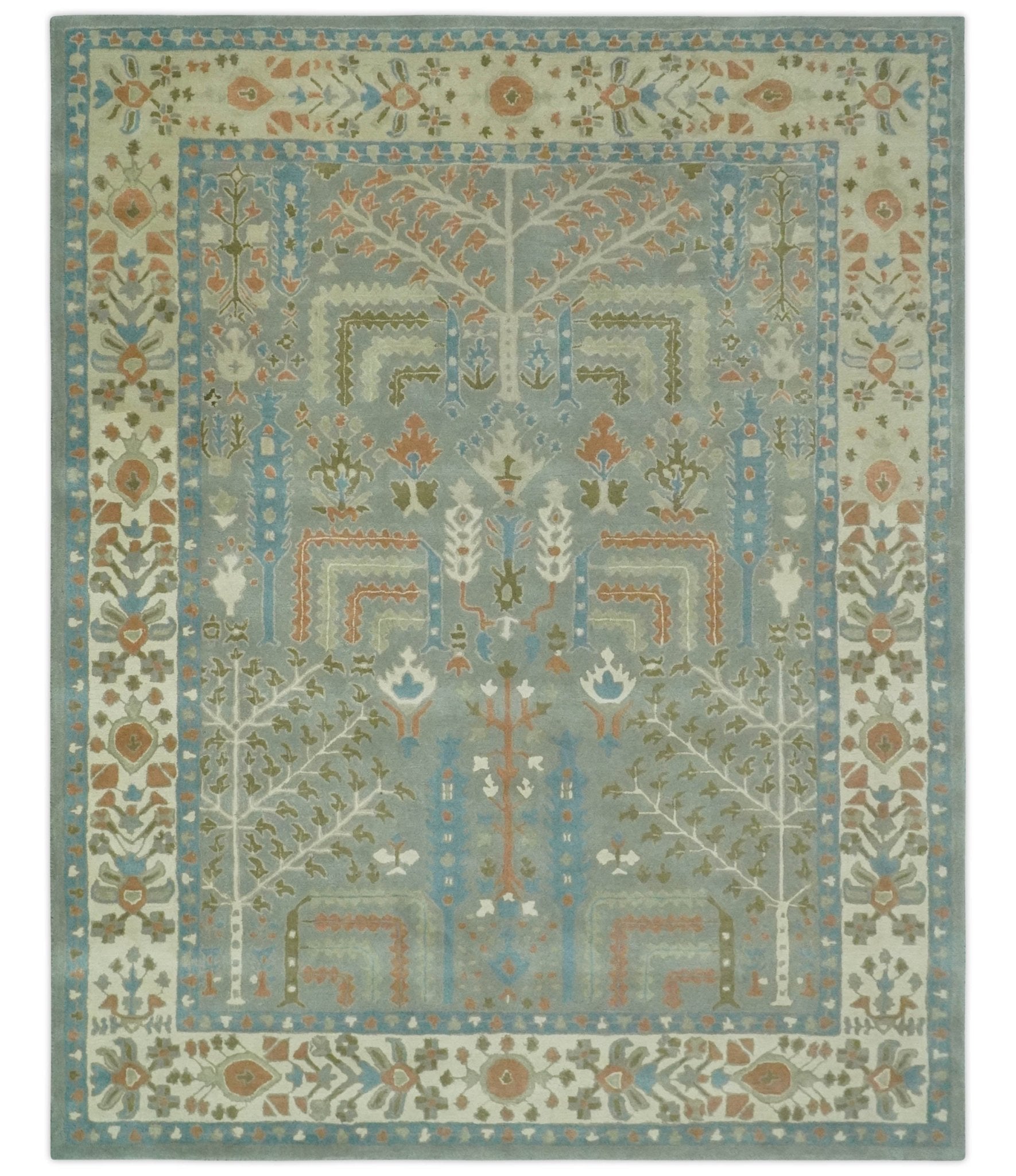 Tree of life Traditional Floral Gray, Beige, Green and Dark Peach Hand Tufted wool Area Rug