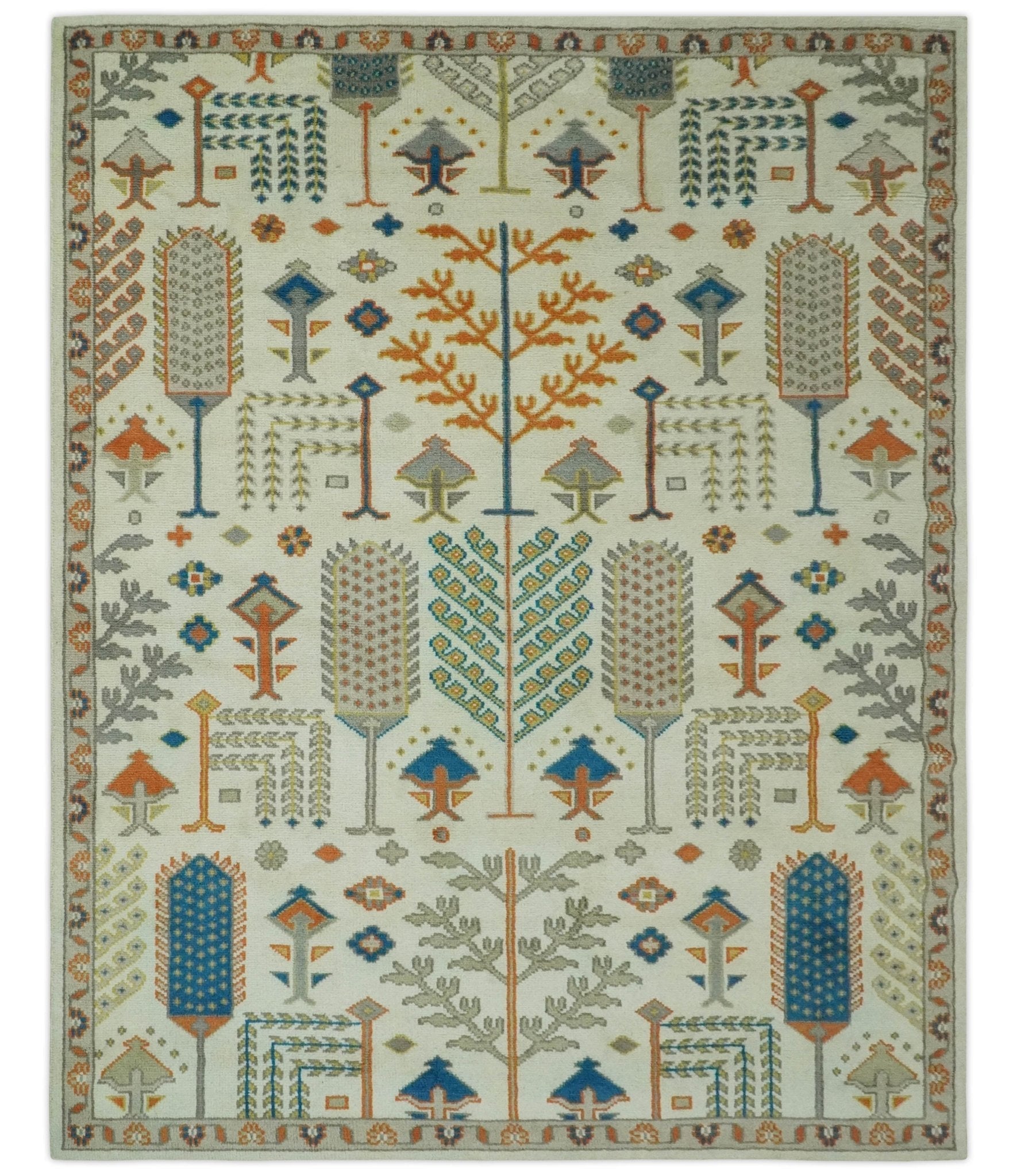Tree of life Traditional Floral Ivory, Blue and Rust Hand Knotted Multi Size Wool Area Rug