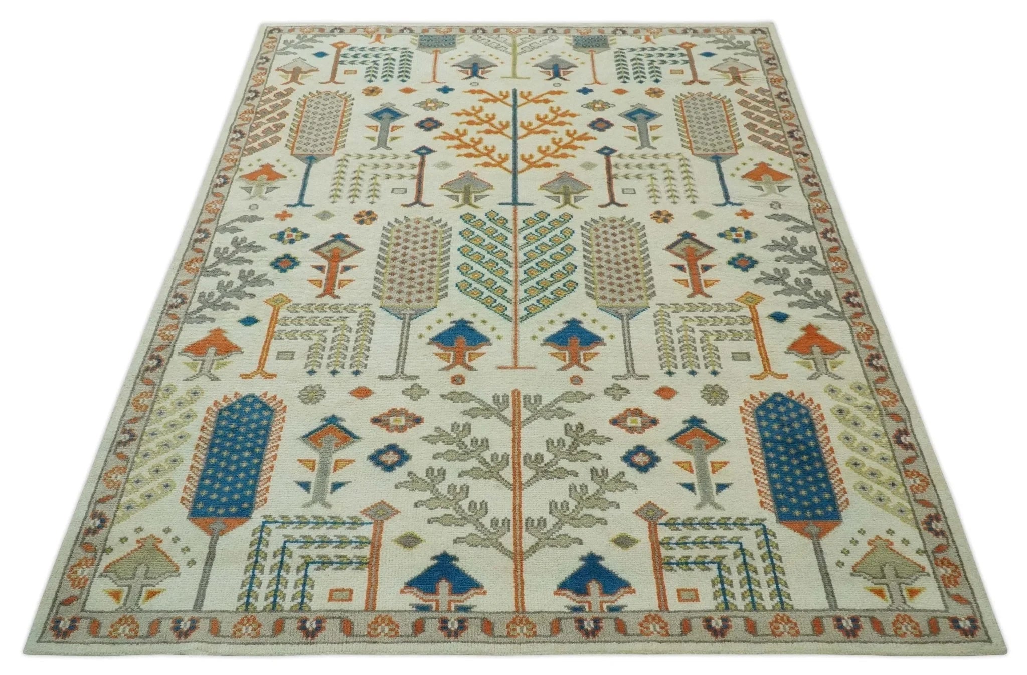 Tree of life Traditional Floral Ivory, Blue and Rust Hand Knotted Multi Size Wool Area Rug - The Rug Decor