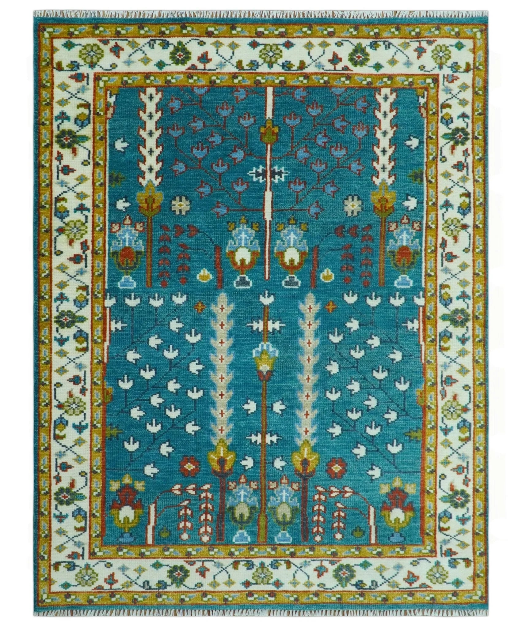 Tree of Life Traditional Hand Knotted Teal Blue and Ivory Custom Made Wool Area Rug - The Rug Decor
