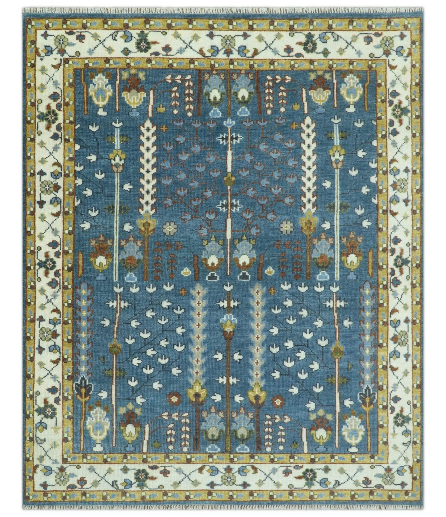 Tree of Life Traditional Hand Knotted Teal Blue and Ivory Custom Made Wool Area Rug - The Rug Decor