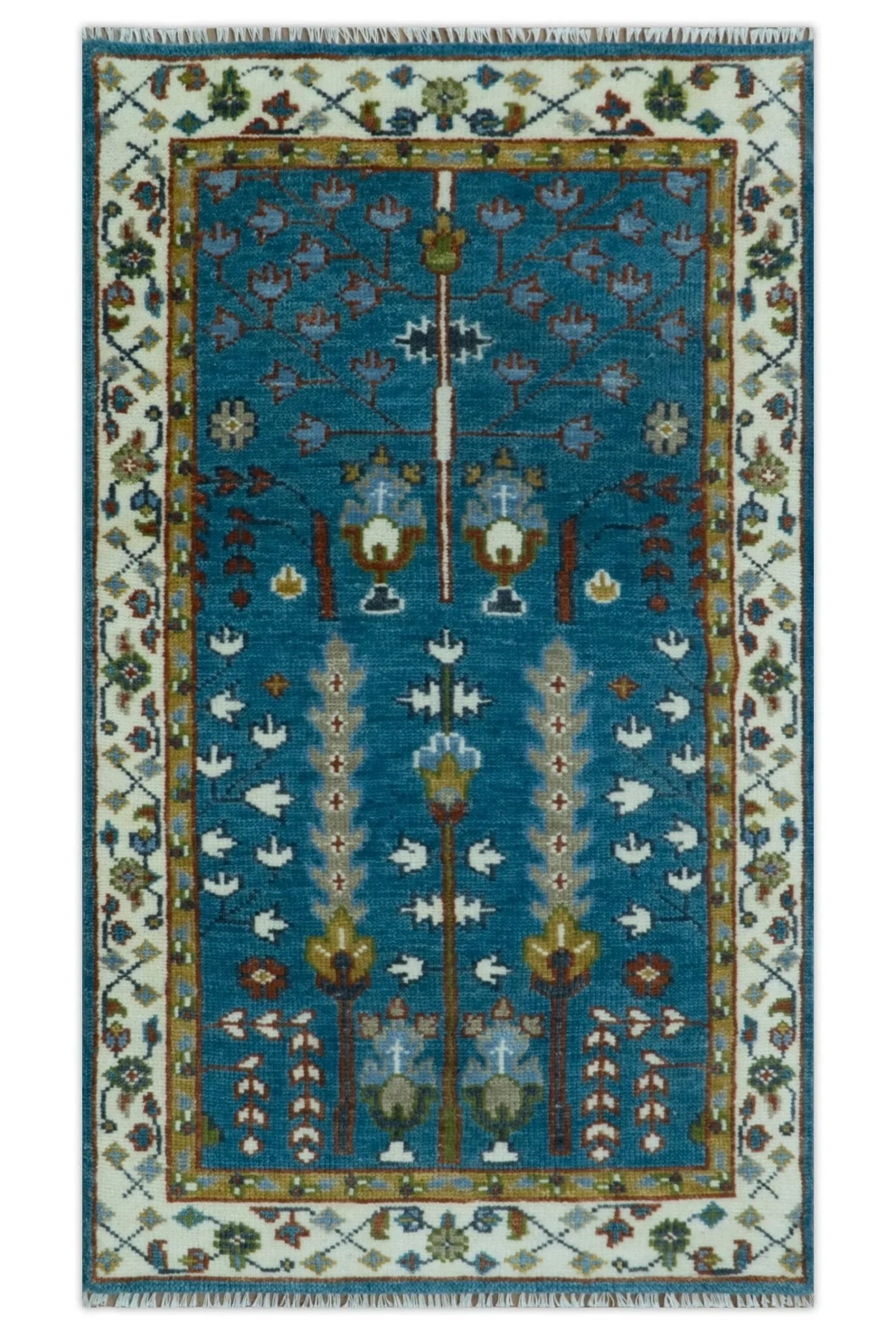 Tree of Life Traditional Hand Knotted Teal Blue and Ivory Custom Made Wool Area Rug - The Rug Decor