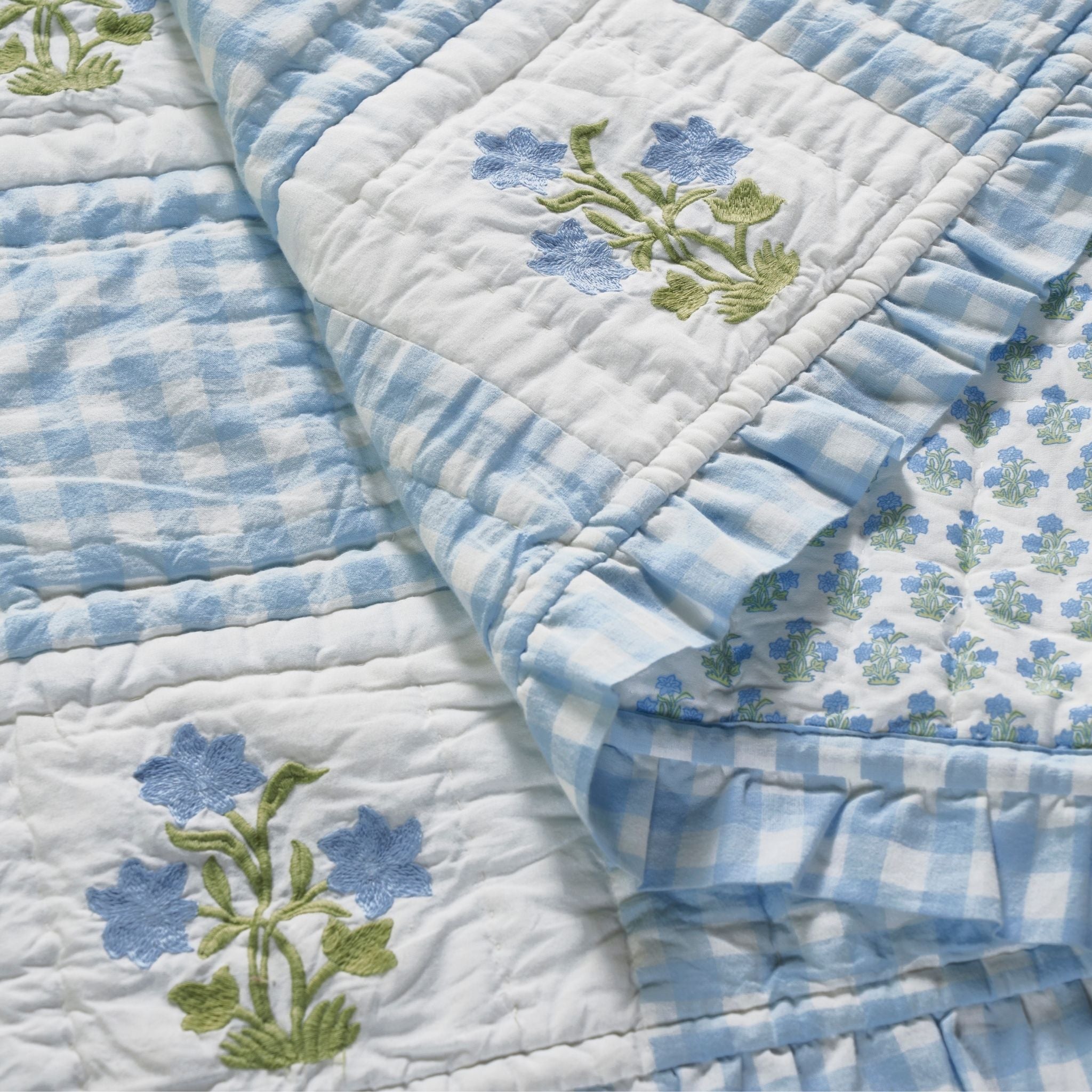 Dorothy Blue Embroidered Quilted Throw Blanket