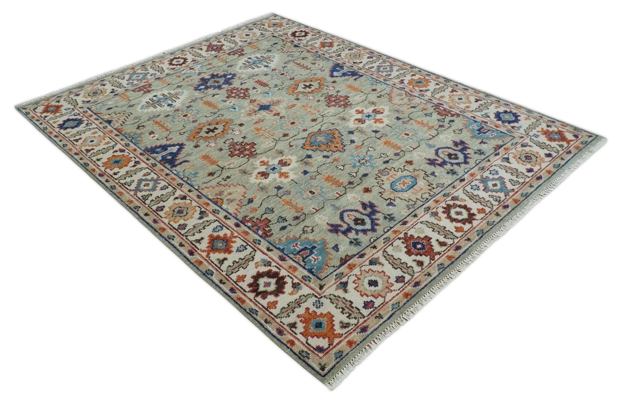 Turkish Knot Antique Green and Ivory Traditional Multi Size Hand knotted Oushak Rug